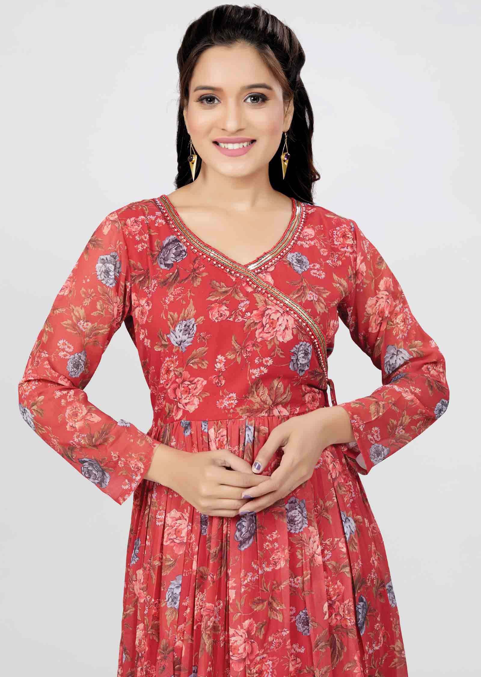 Maroon Georgette Sequins Frock Style Kurti