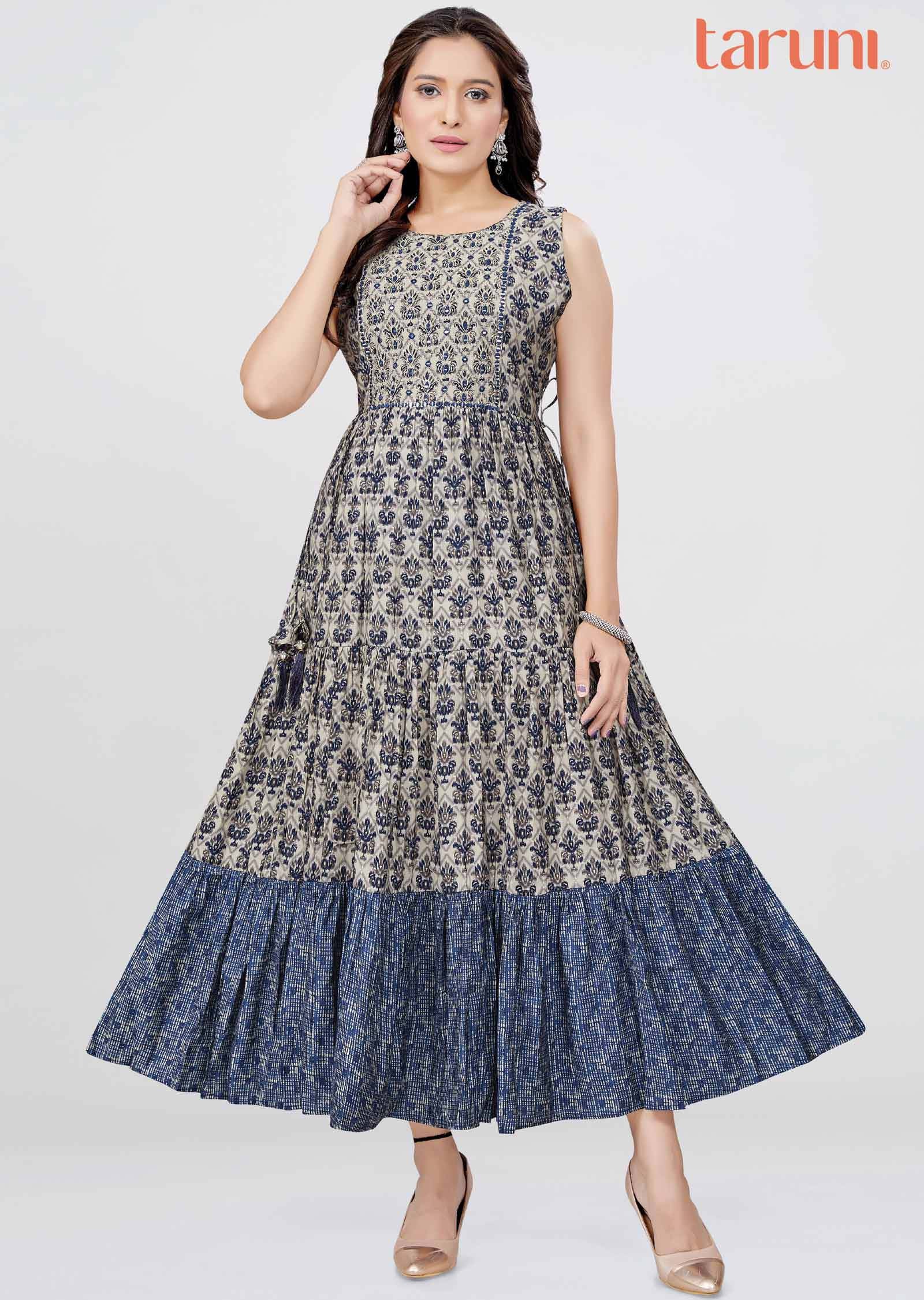 Light Mouse/Navy Blue Modal Printed Frock Style Kurti