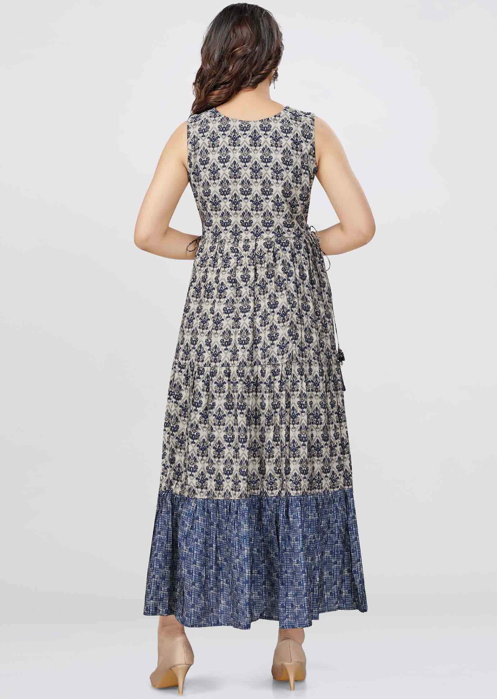 Light Mouse/Navy Blue Modal Printed Frock Style Kurti