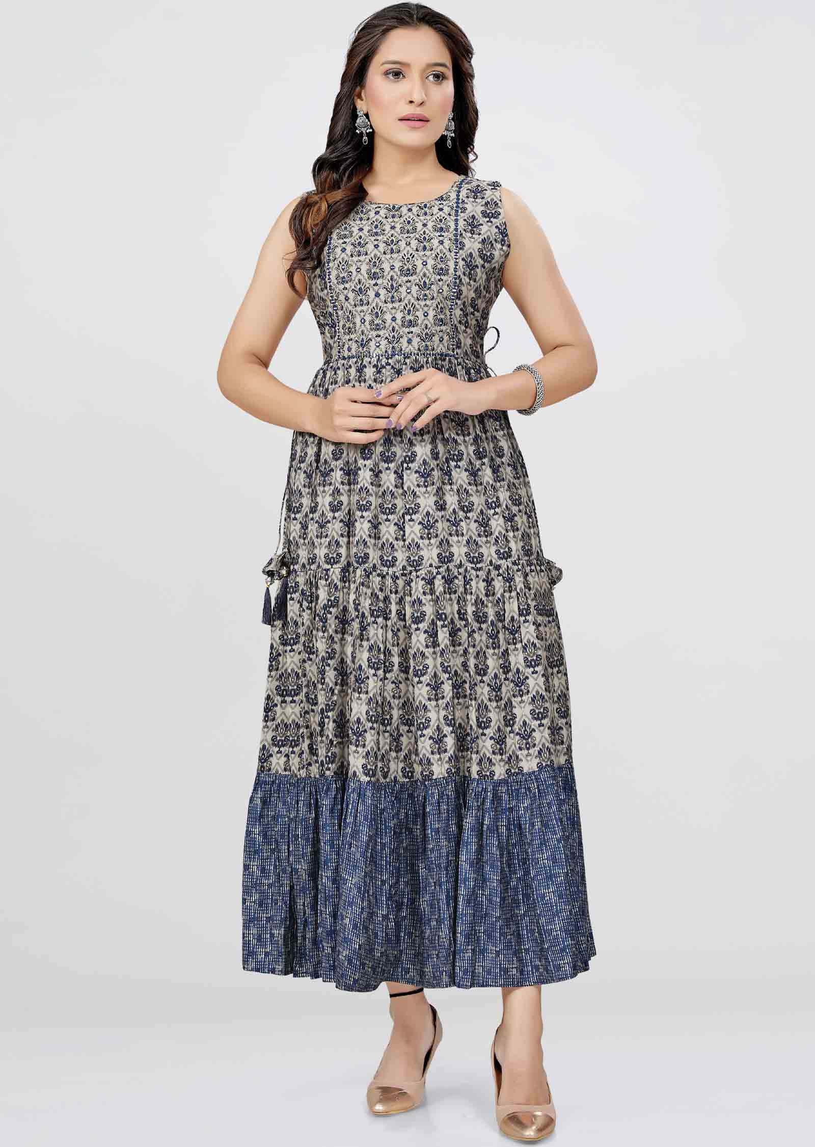 Light Mouse/Navy Blue Modal Printed Frock Style Kurti