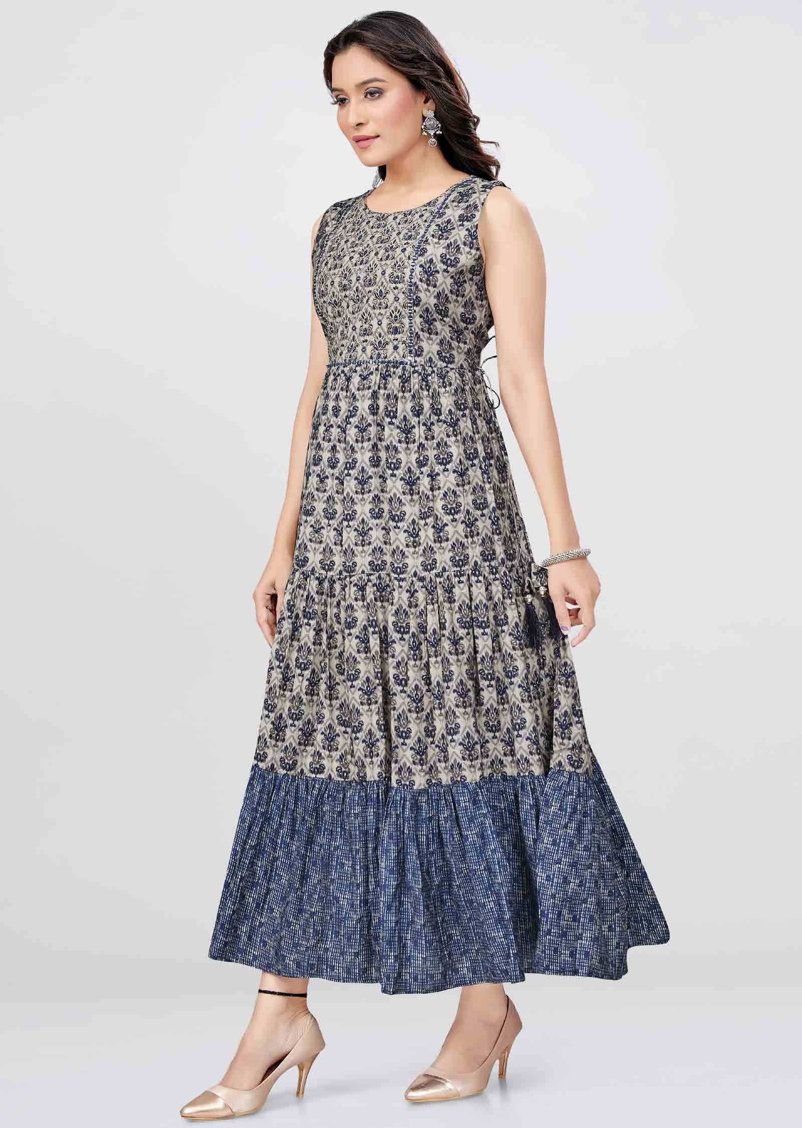 Light Mouse/Navy Blue Modal Printed Frock Style Kurti