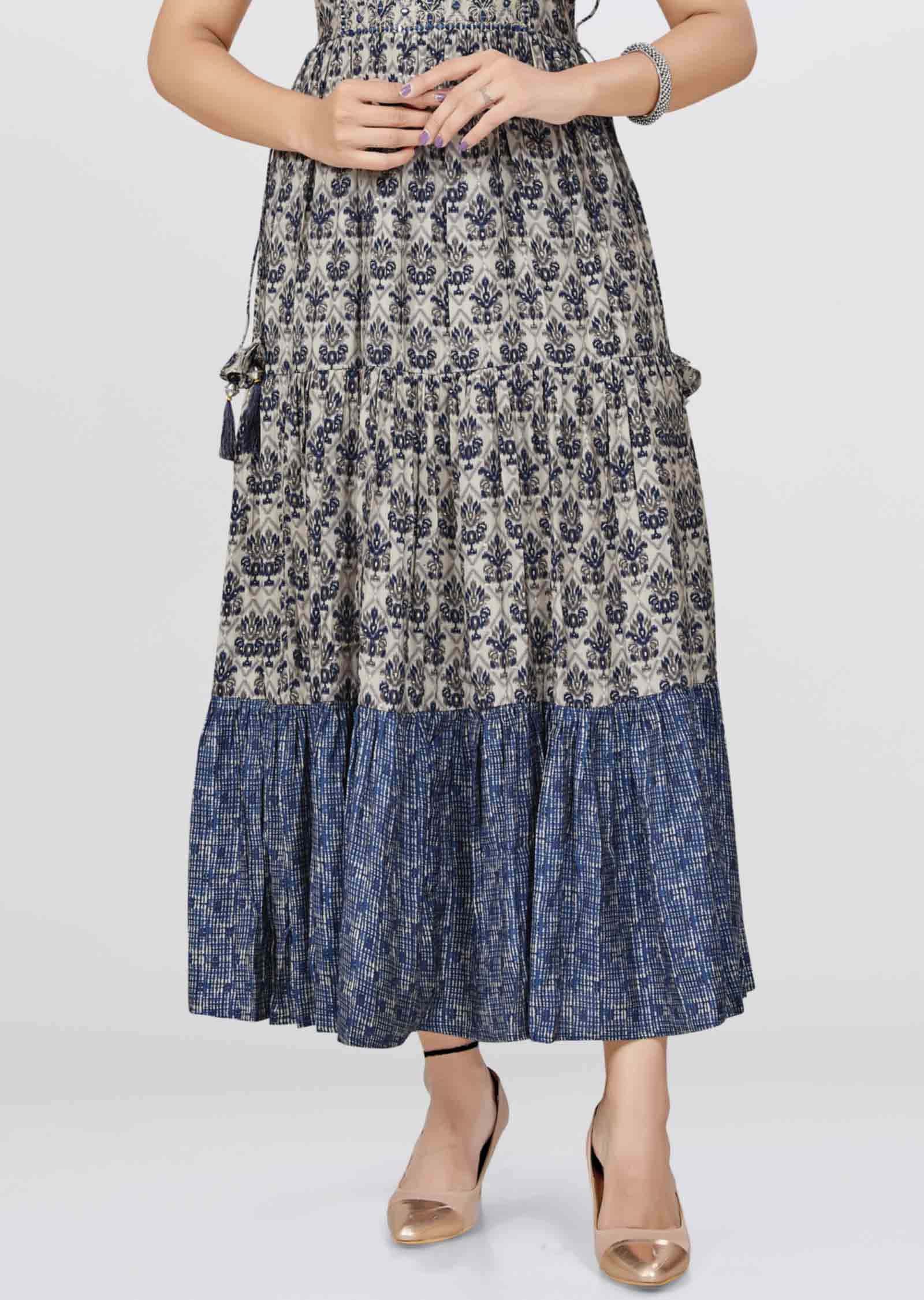 Light Mouse/Navy Blue Modal Printed Frock Style Kurti