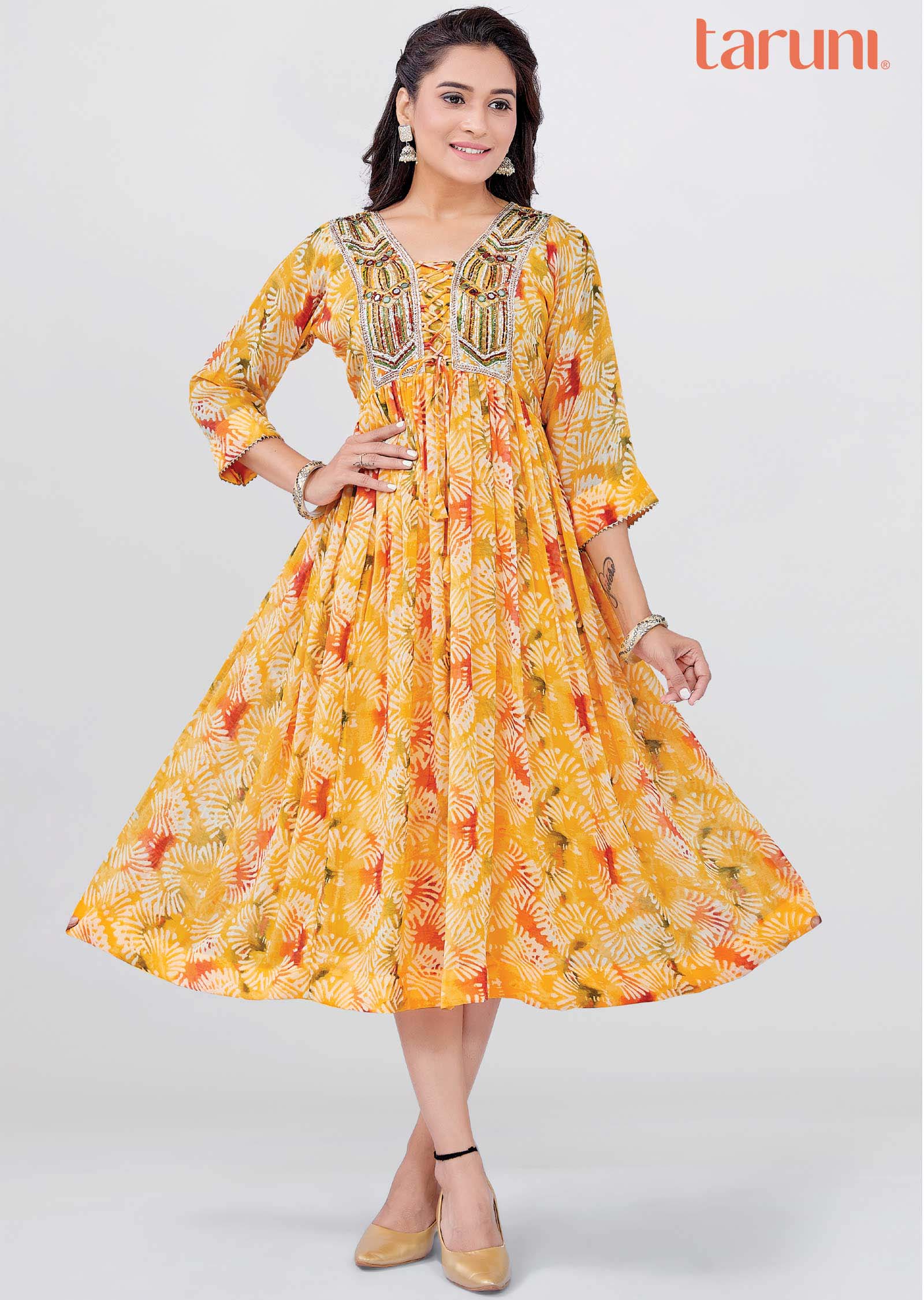 Mango Yellow Georgette Printed Frock Style Kurti