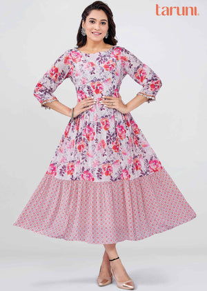 Baby Pink Crepe Floral Printed Frock Style Kurti