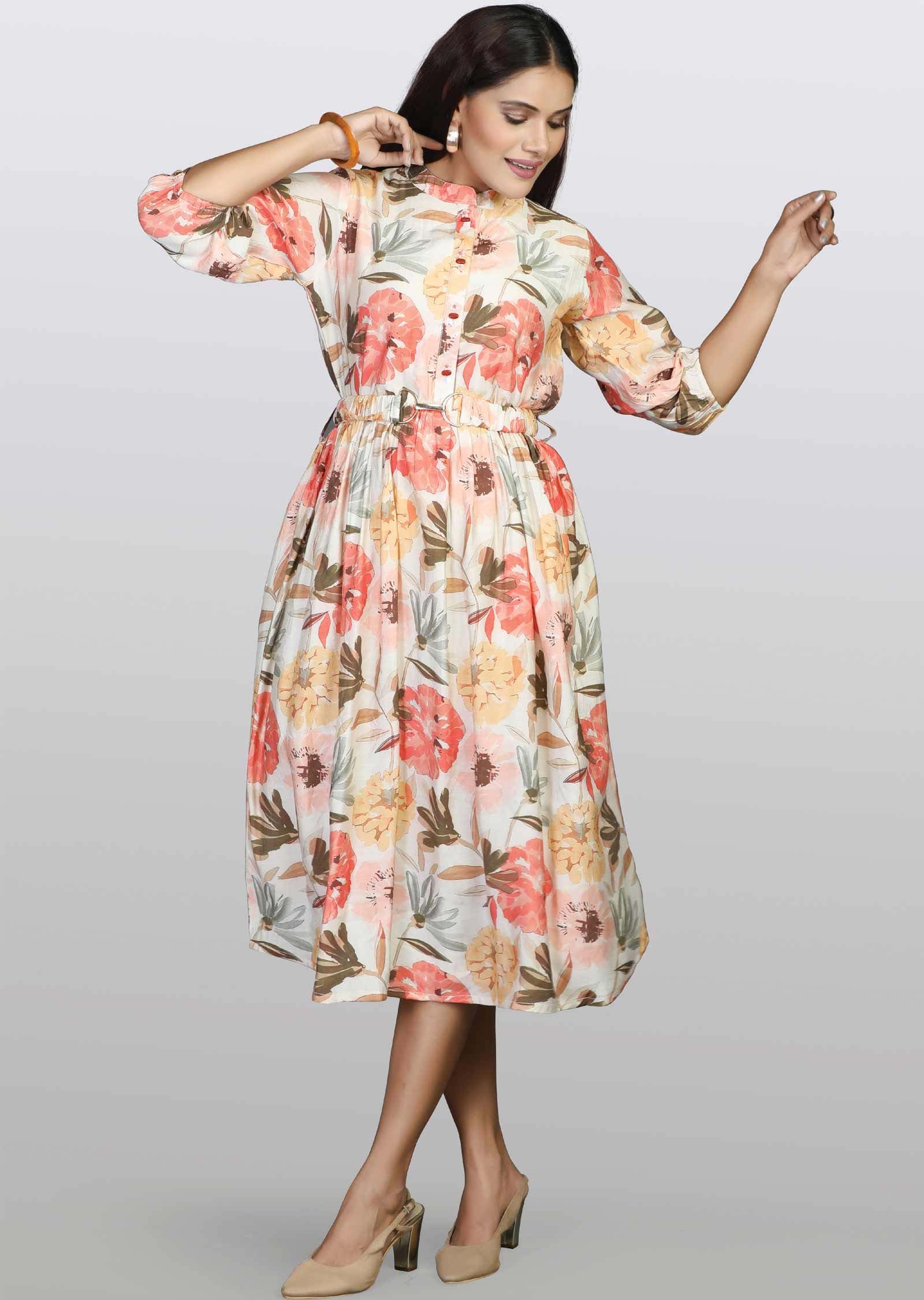 Cream Modal Printed Frock Style Kurti