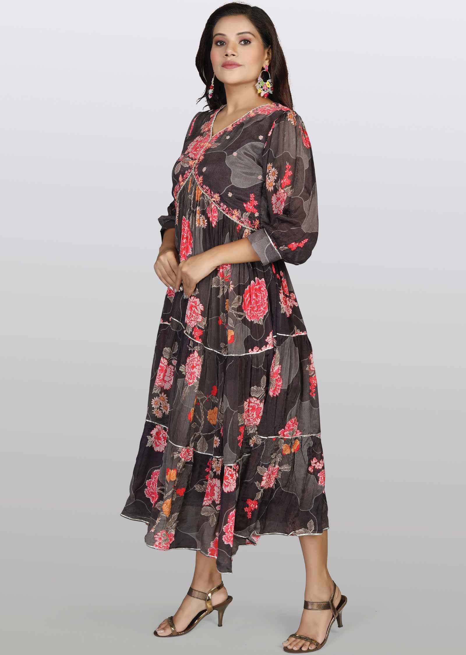 Brown Chinnon Zardosi & Embroidered Frock Style Kurti