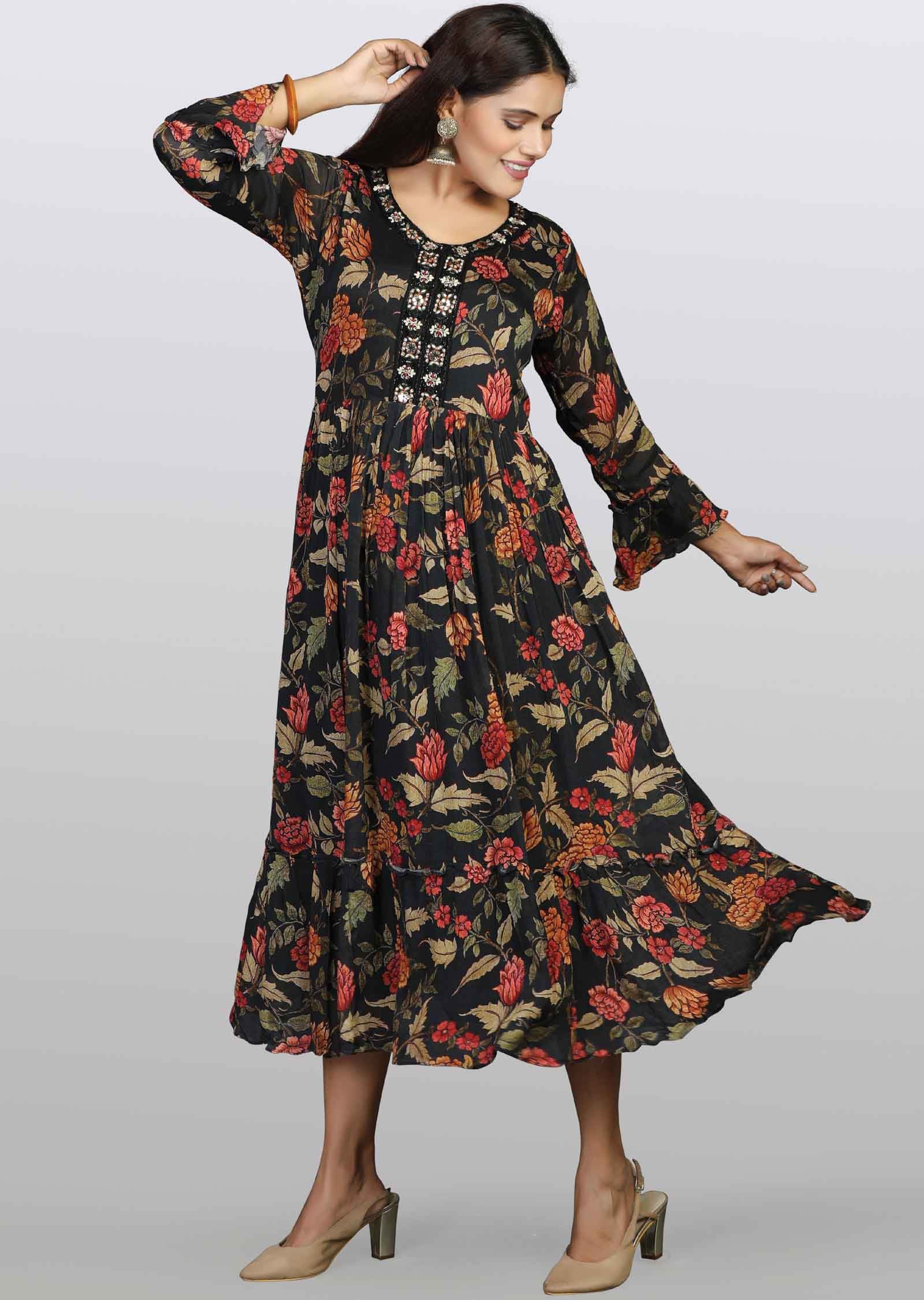 Black Chinnon Floral Printed Frock Style Kurti