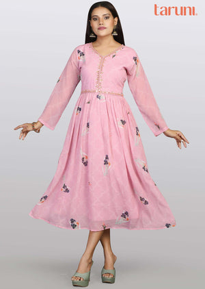 Pink Georgette Sequins Frock Style Kurti