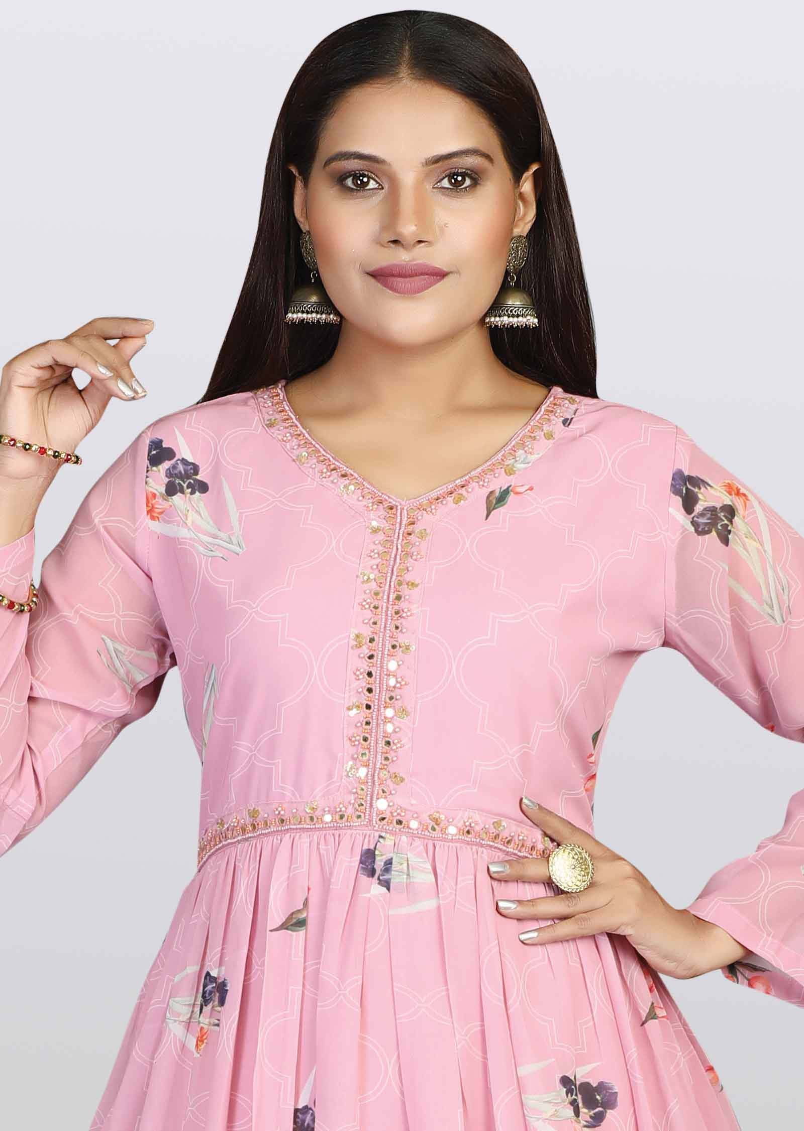 Pink Georgette Sequins Frock Style Kurti