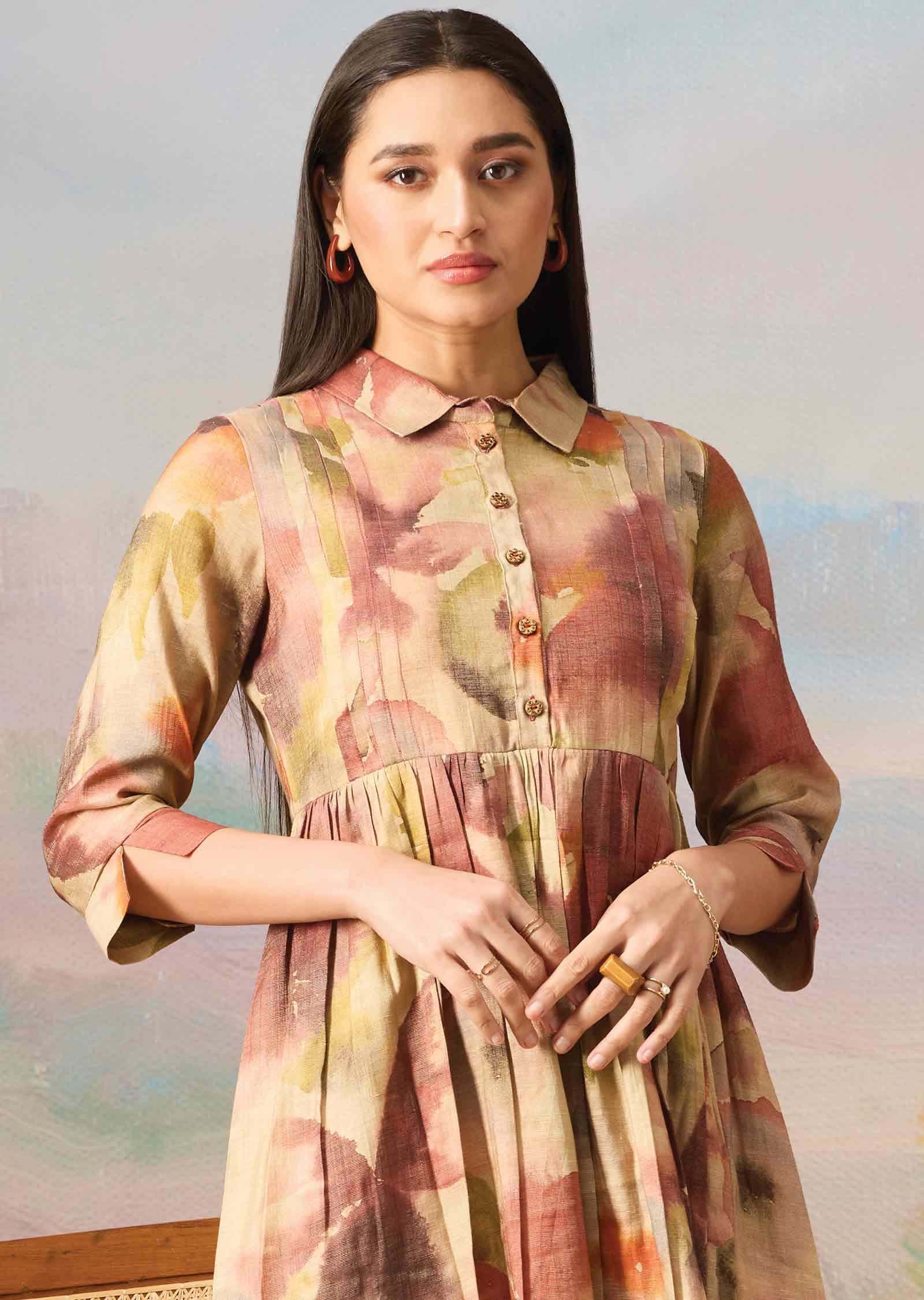 Beige Zari Silk Kurti Frock Style