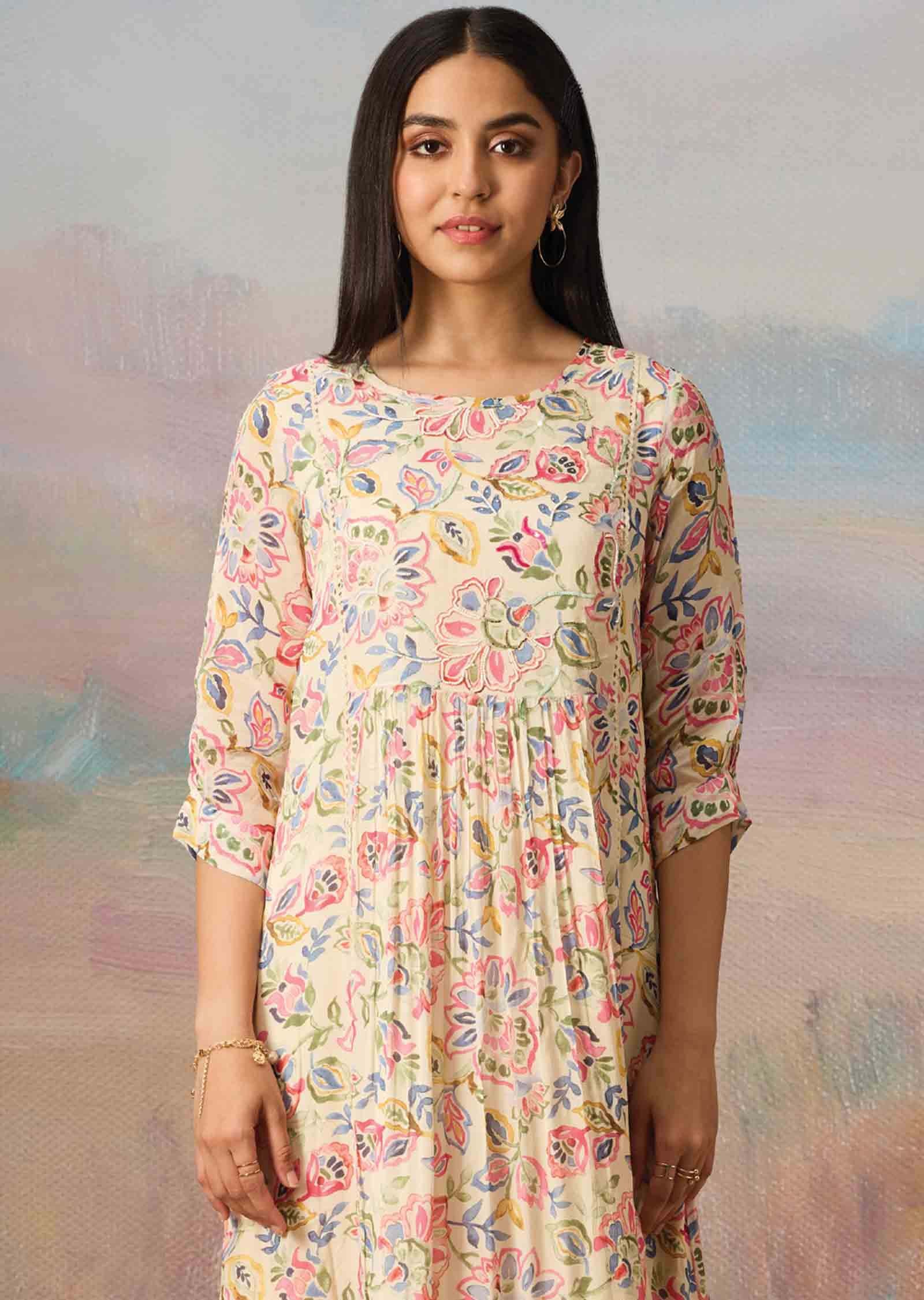 Beige Chinnon Embroidered Frock Style Kurti