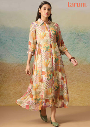 Multi color Chinnon Embroidered Frock Style Kurti