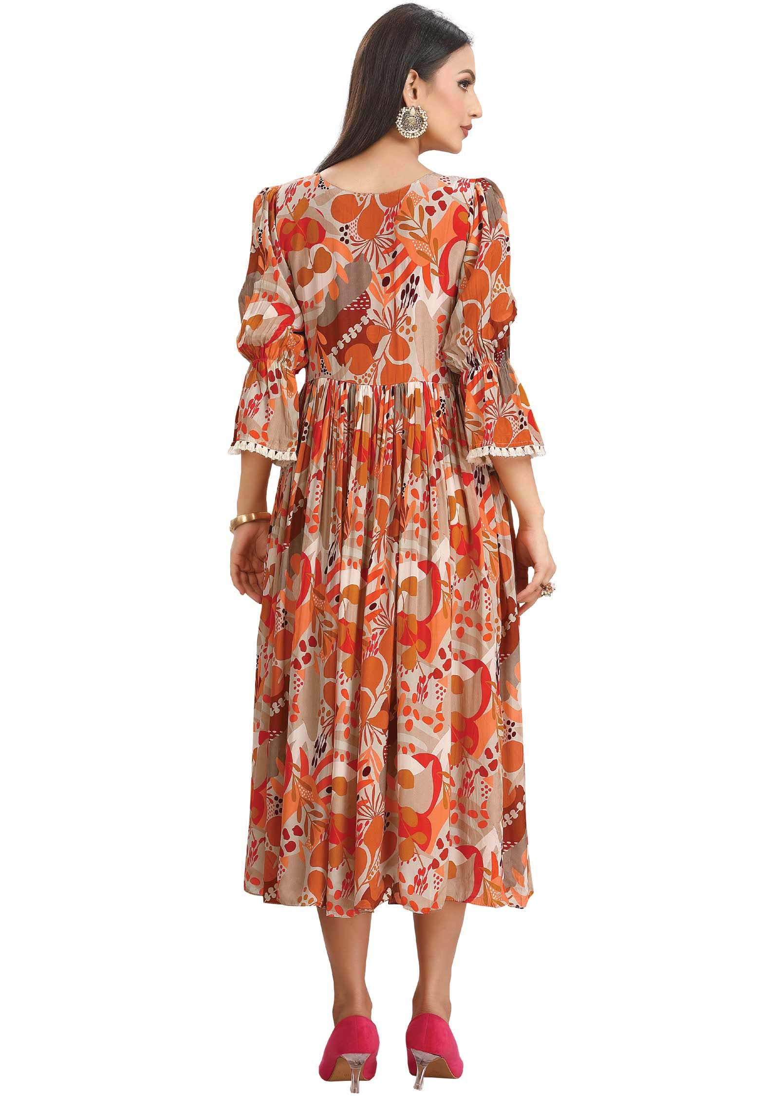 Fawn & Orange Crepe Embroidered Alia cut Kurti Frock Style