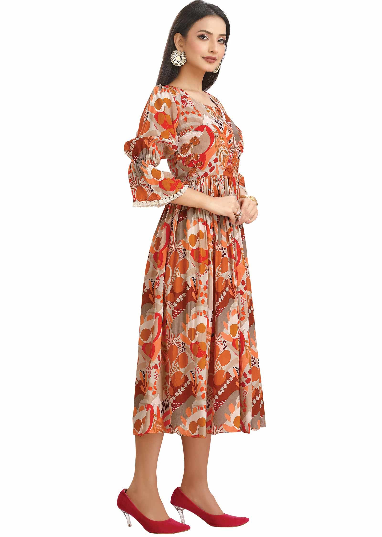 Fawn & Orange Crepe Embroidered Alia cut Kurti Frock Style