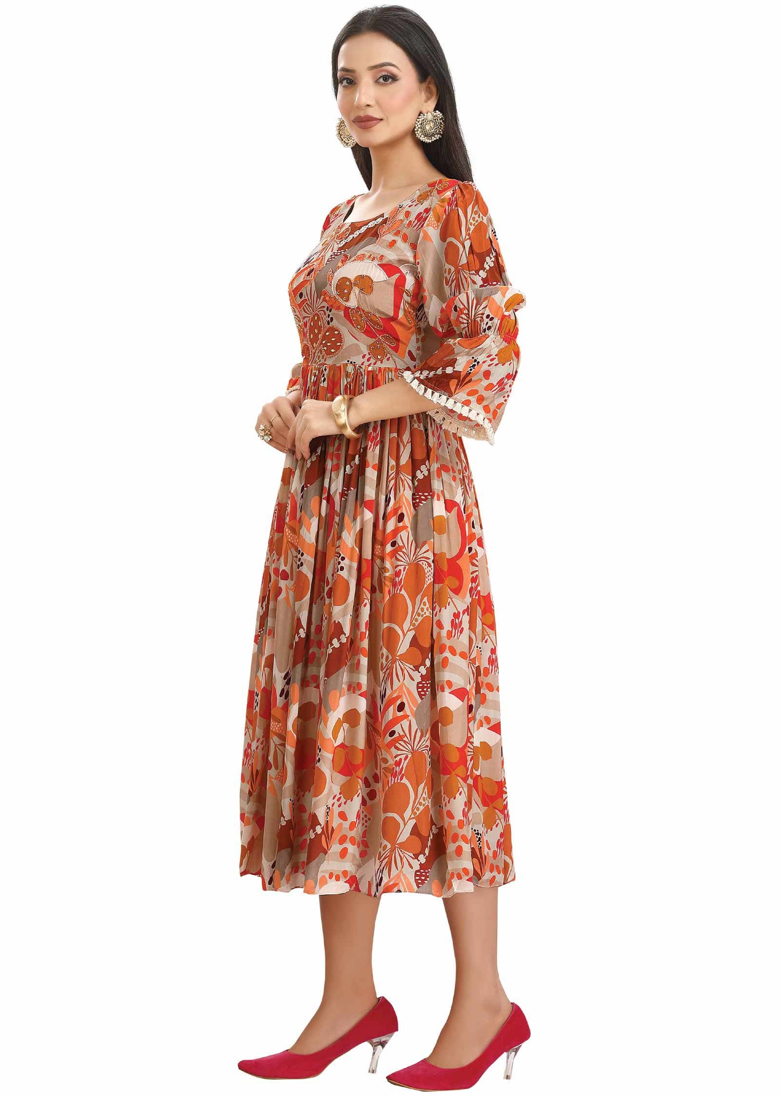 Fawn & Orange Crepe Embroidered Alia cut Kurti Frock Style