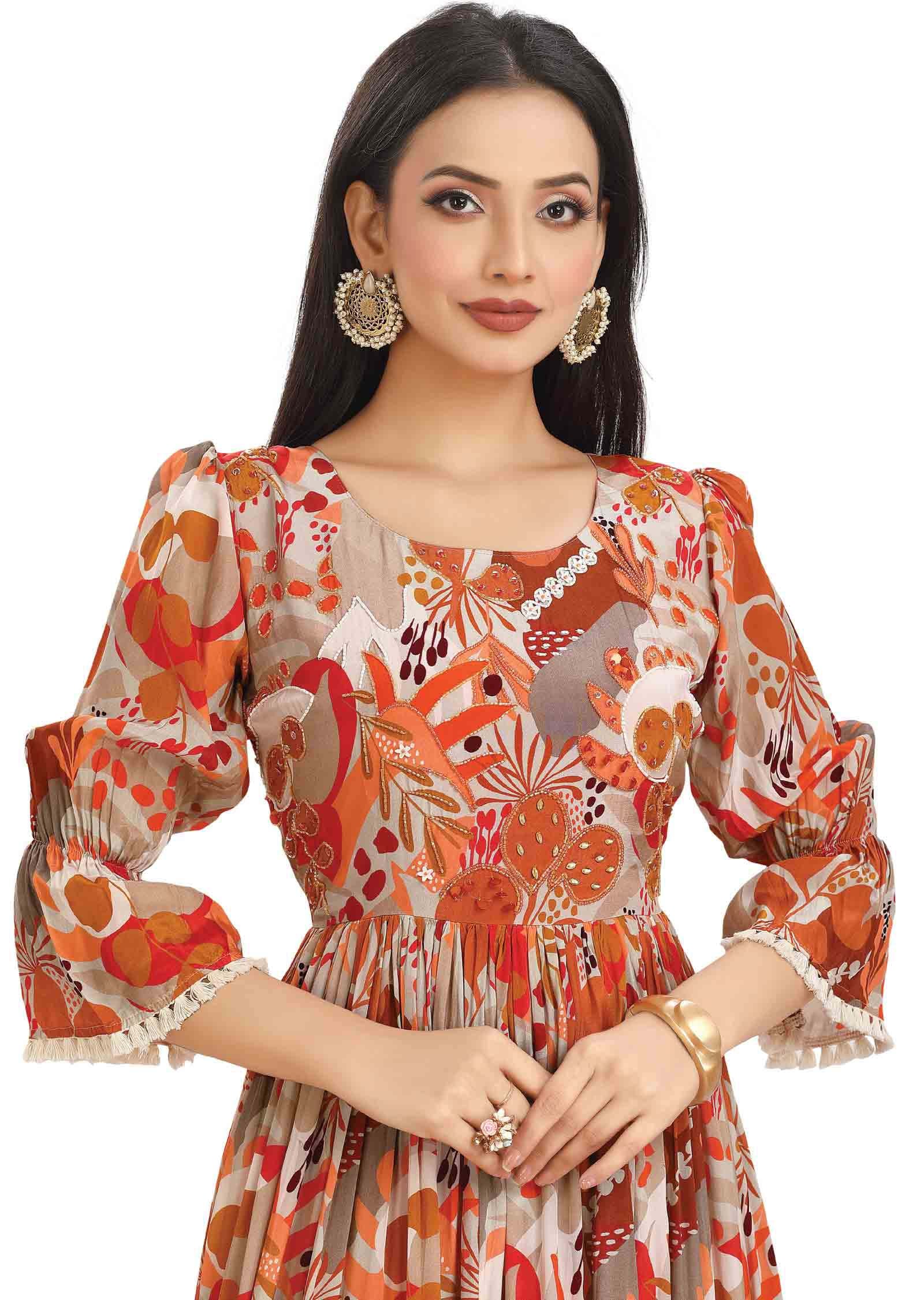 Fawn & Orange Crepe Embroidered Alia cut Kurti Frock Style