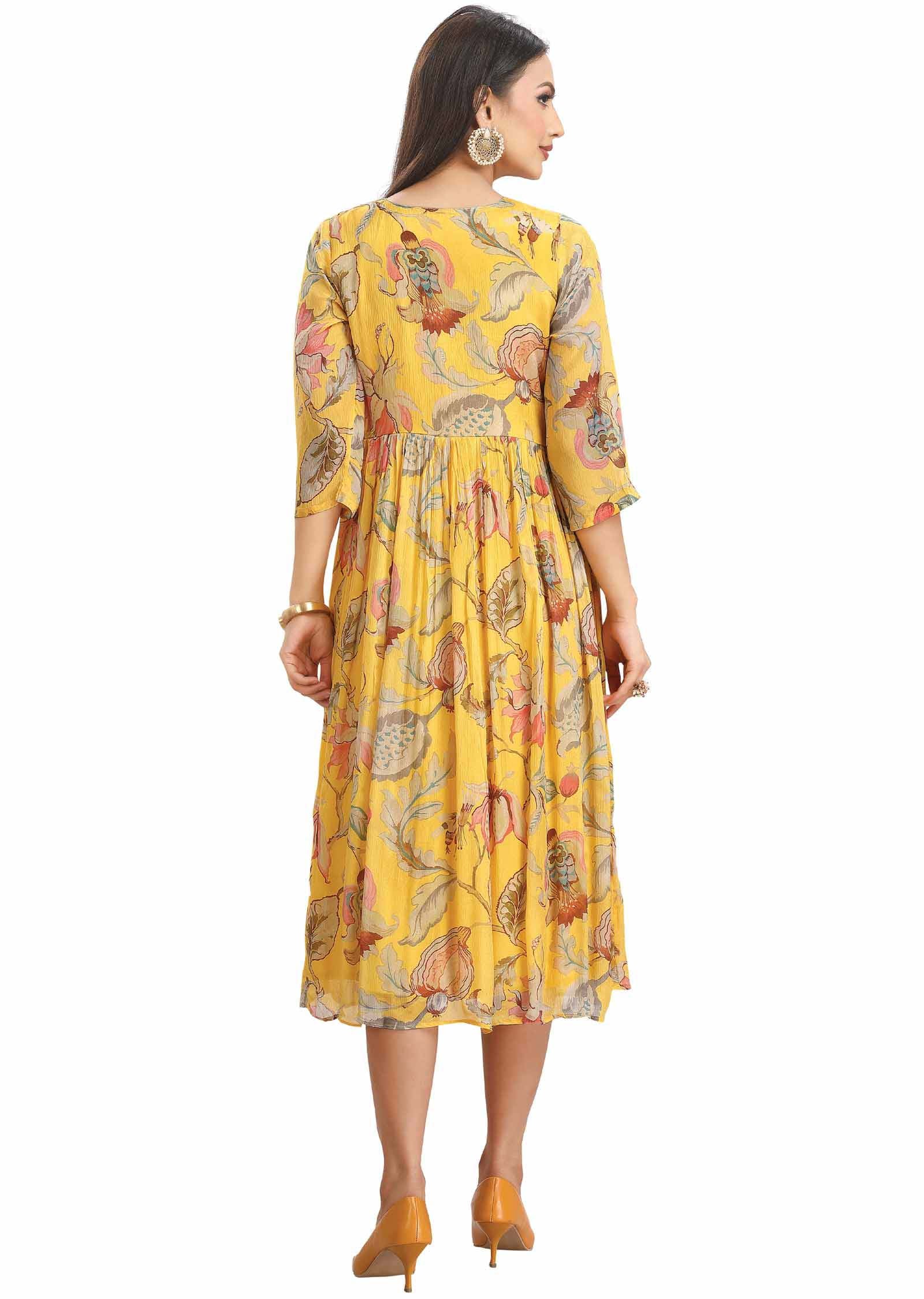 Yellow Chinnon Printed Alia cut Frock Style Kurti