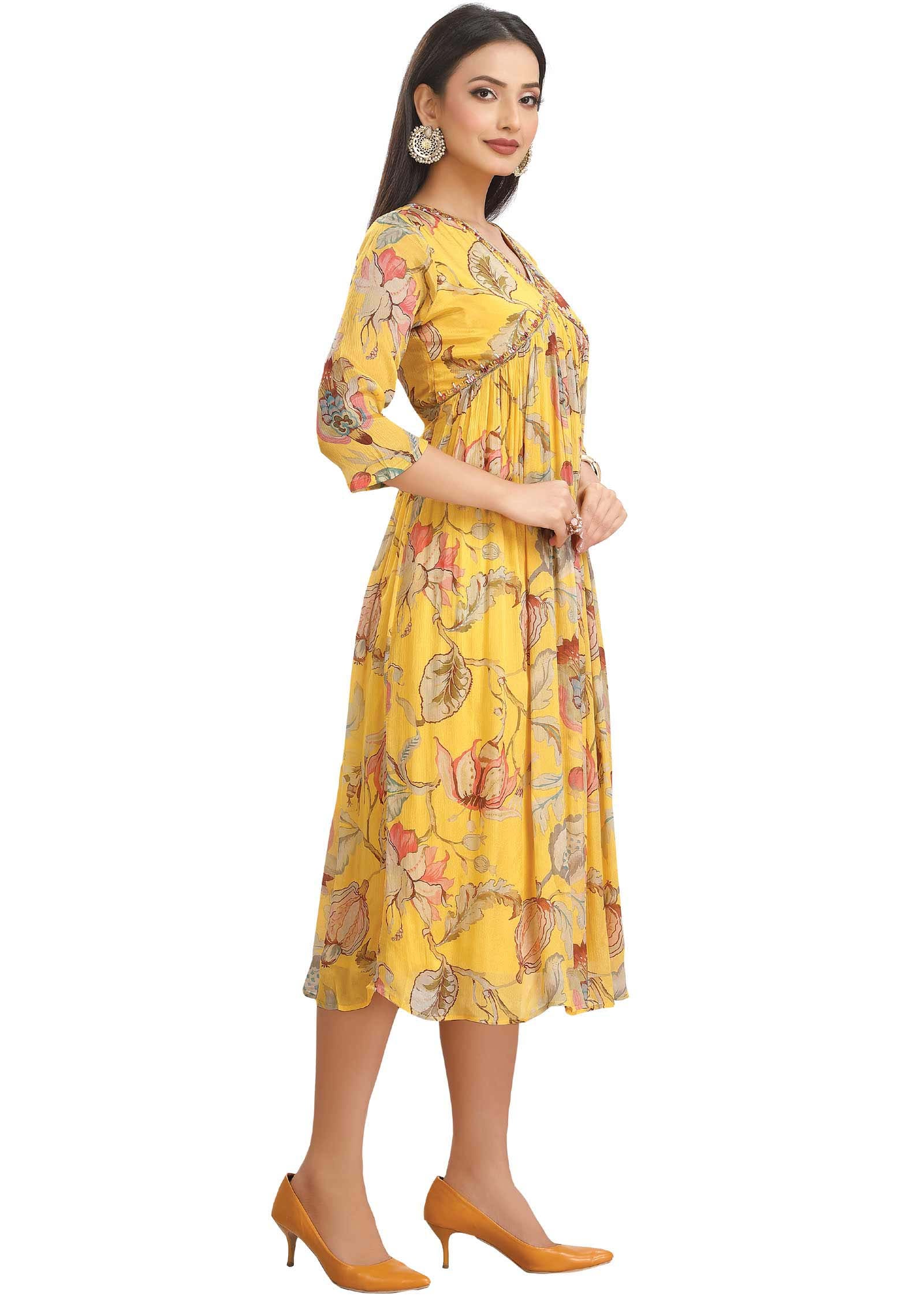 Yellow Chinnon Printed Alia cut Frock Style Kurti