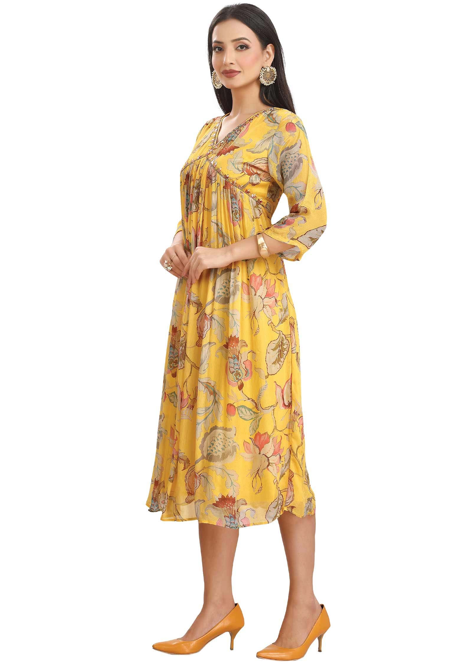 Yellow Chinnon Printed Alia cut Frock Style Kurti