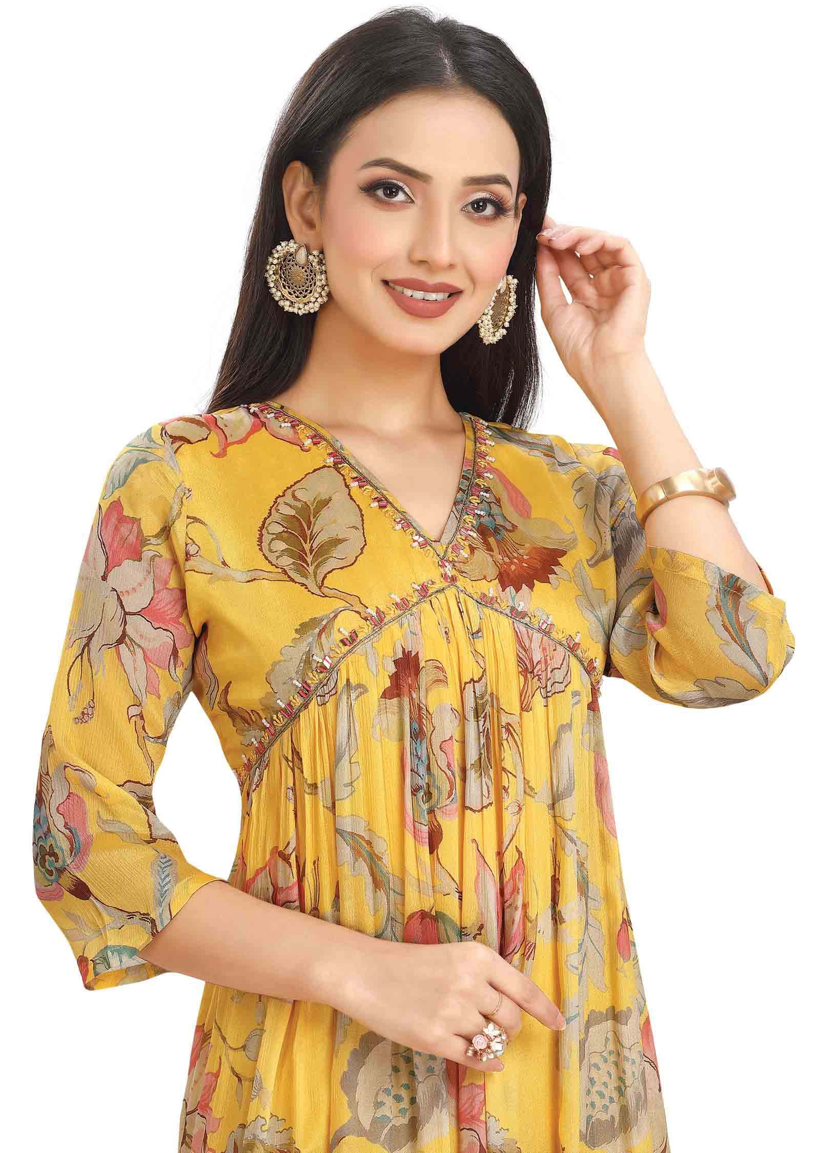 Yellow Chinnon Printed Alia cut Frock Style Kurti