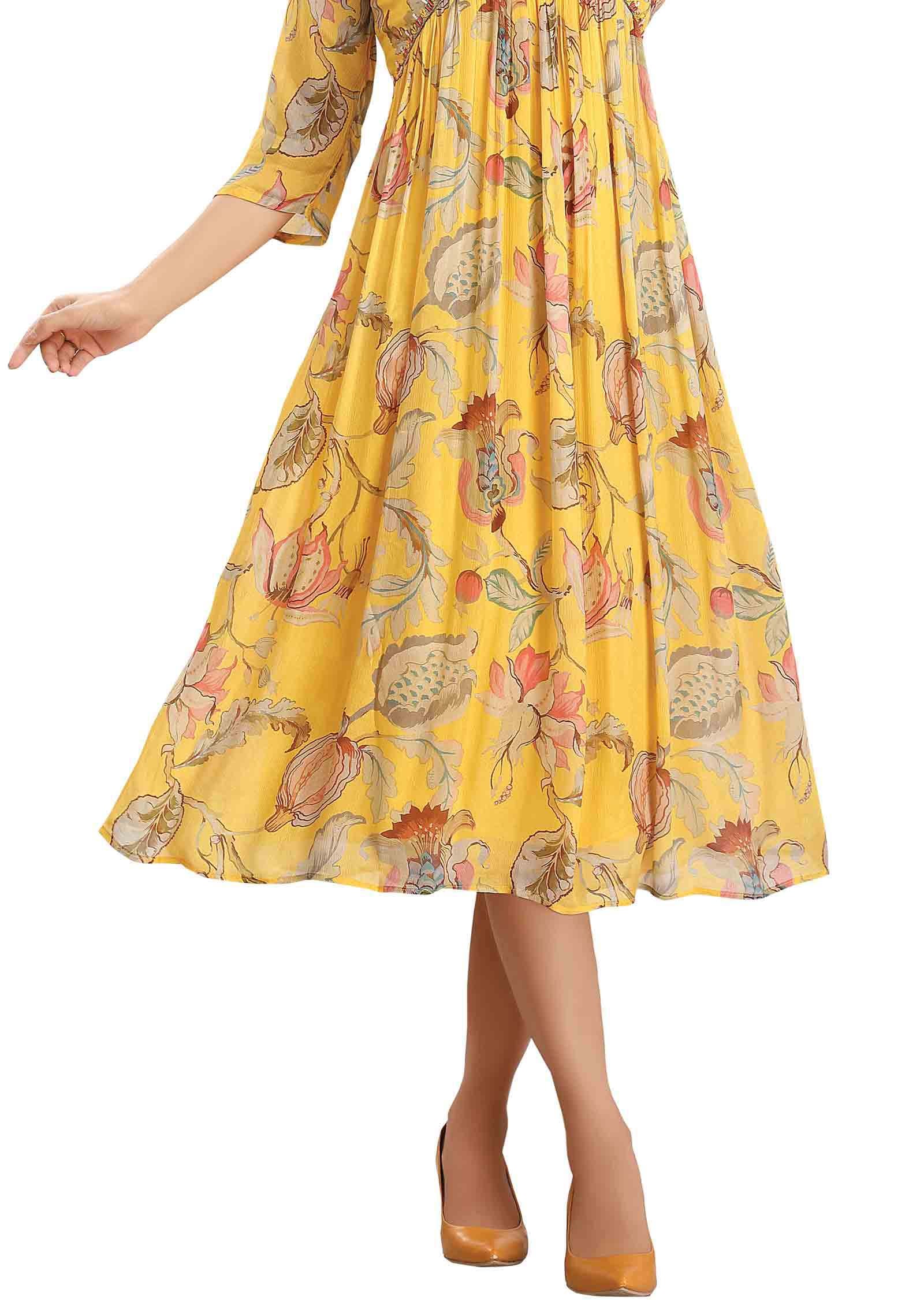 Yellow Chinnon Printed Alia cut Frock Style Kurti