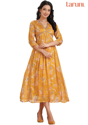 Yellow Chinnon Printed Alia cut Frock Style Kurti