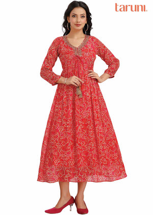 Rani Pink Chinnon Embroidered Alia cut Frock Style Kurti