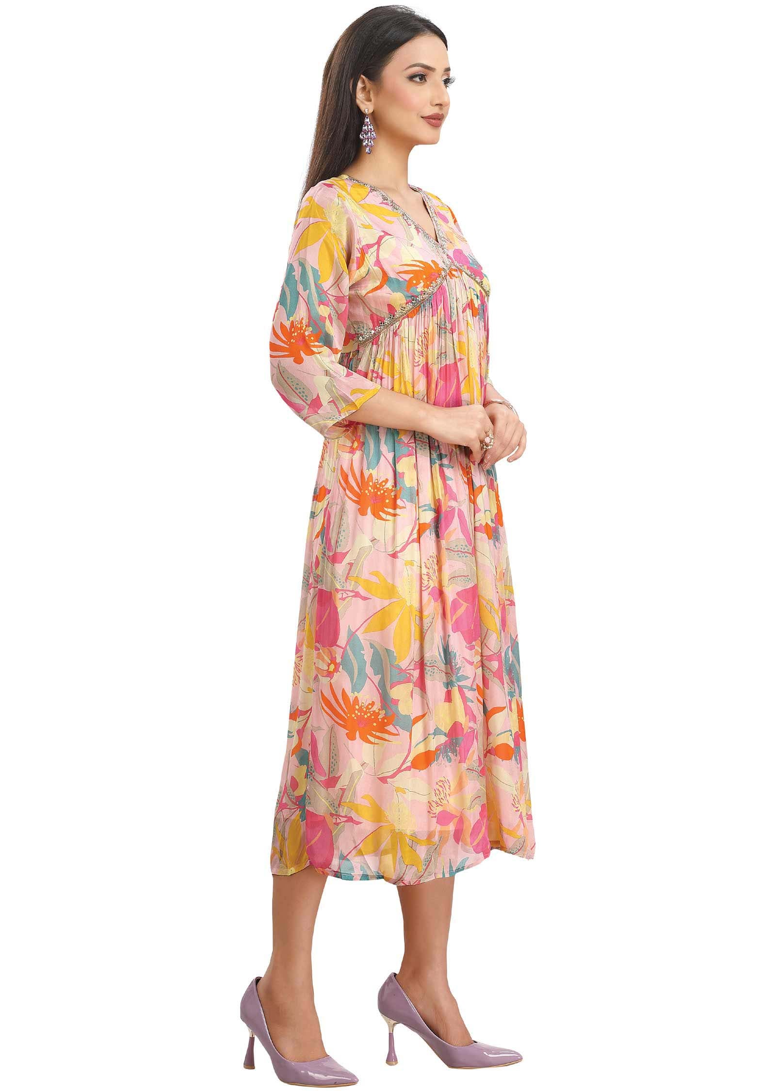 Light Pink Chinnon Printed Alia cut Frock Style Kurti