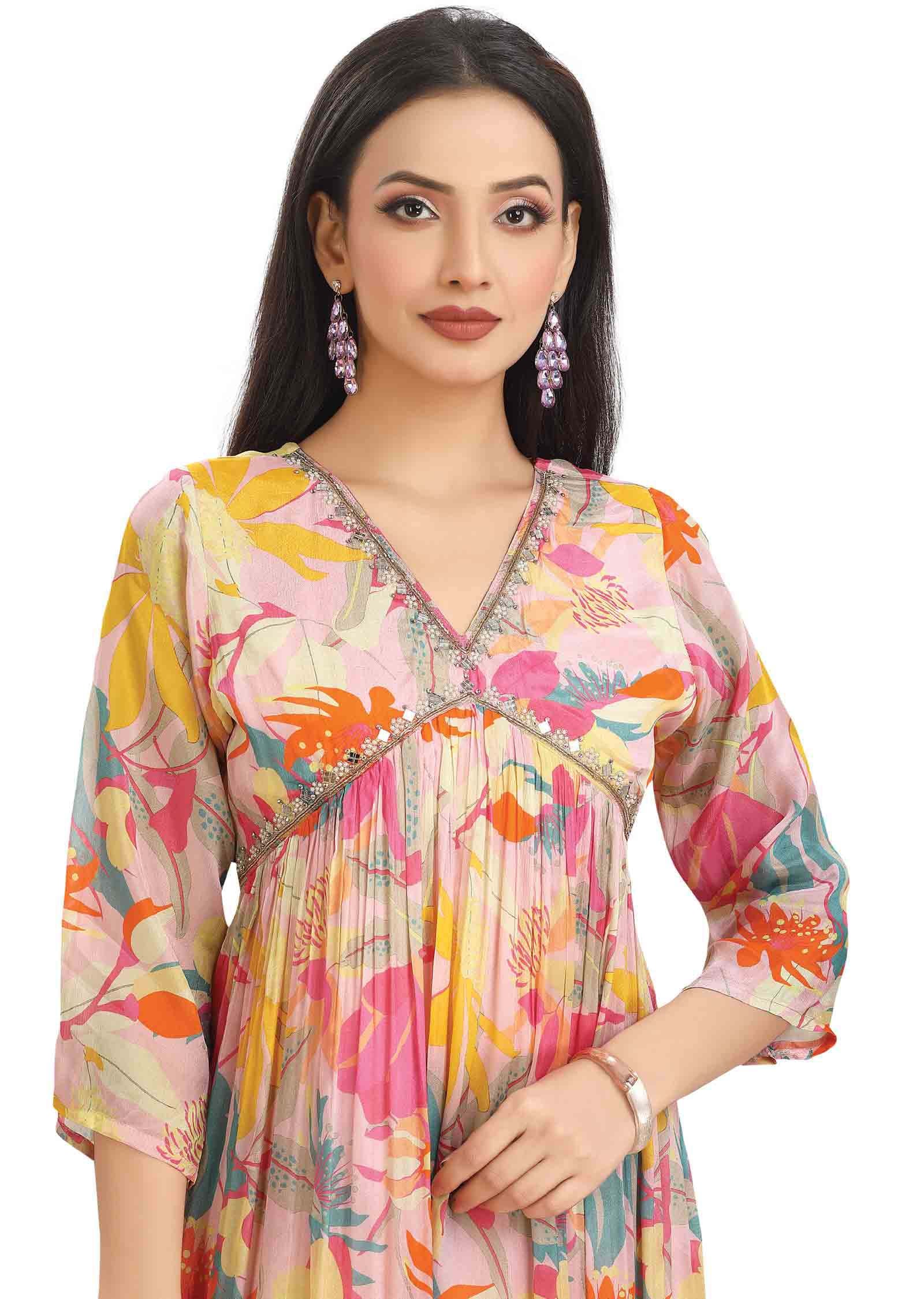 Light Pink Chinnon Printed Alia cut Frock Style Kurti