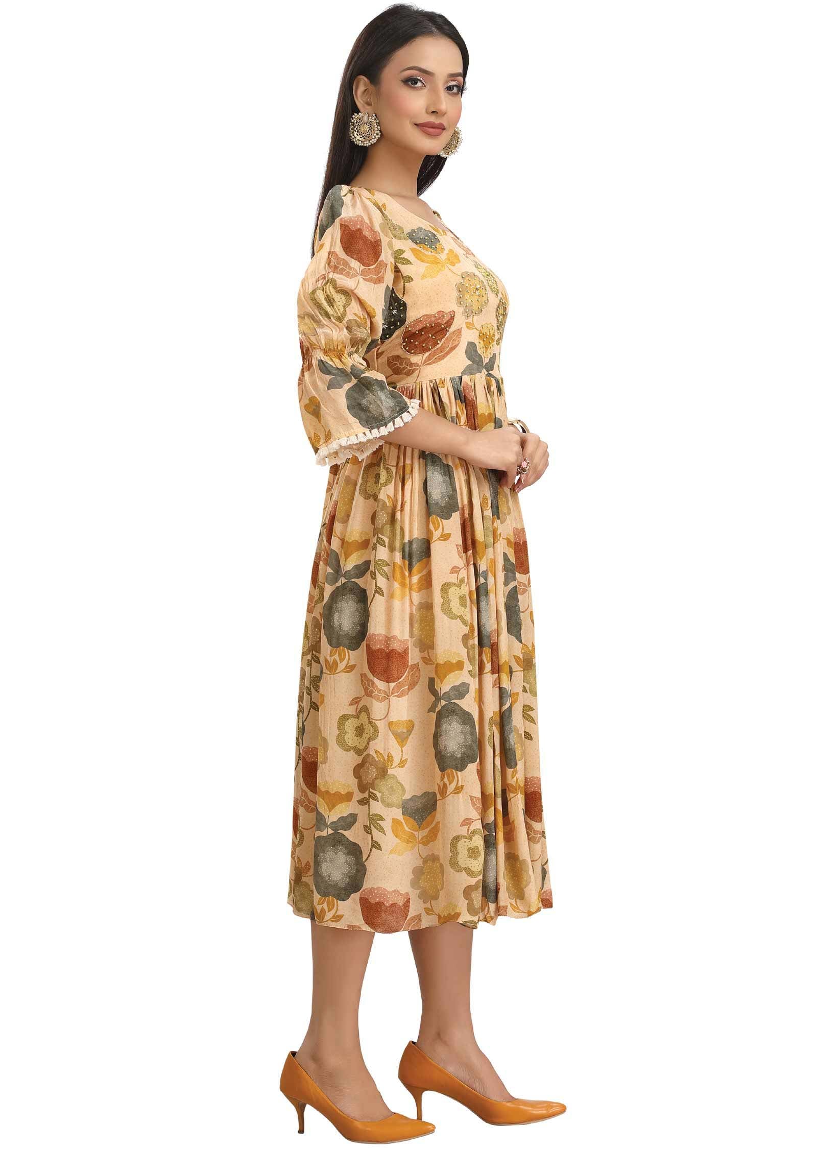 Dark Cream Crepe Printed Frock Style Kurti