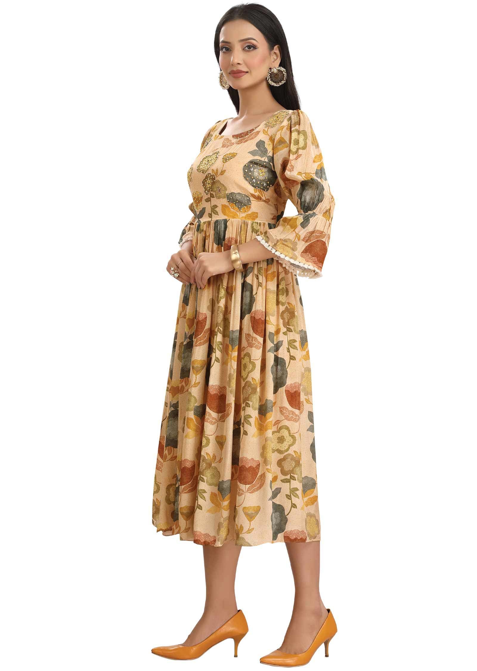 Dark Cream Crepe Printed Frock Style Kurti