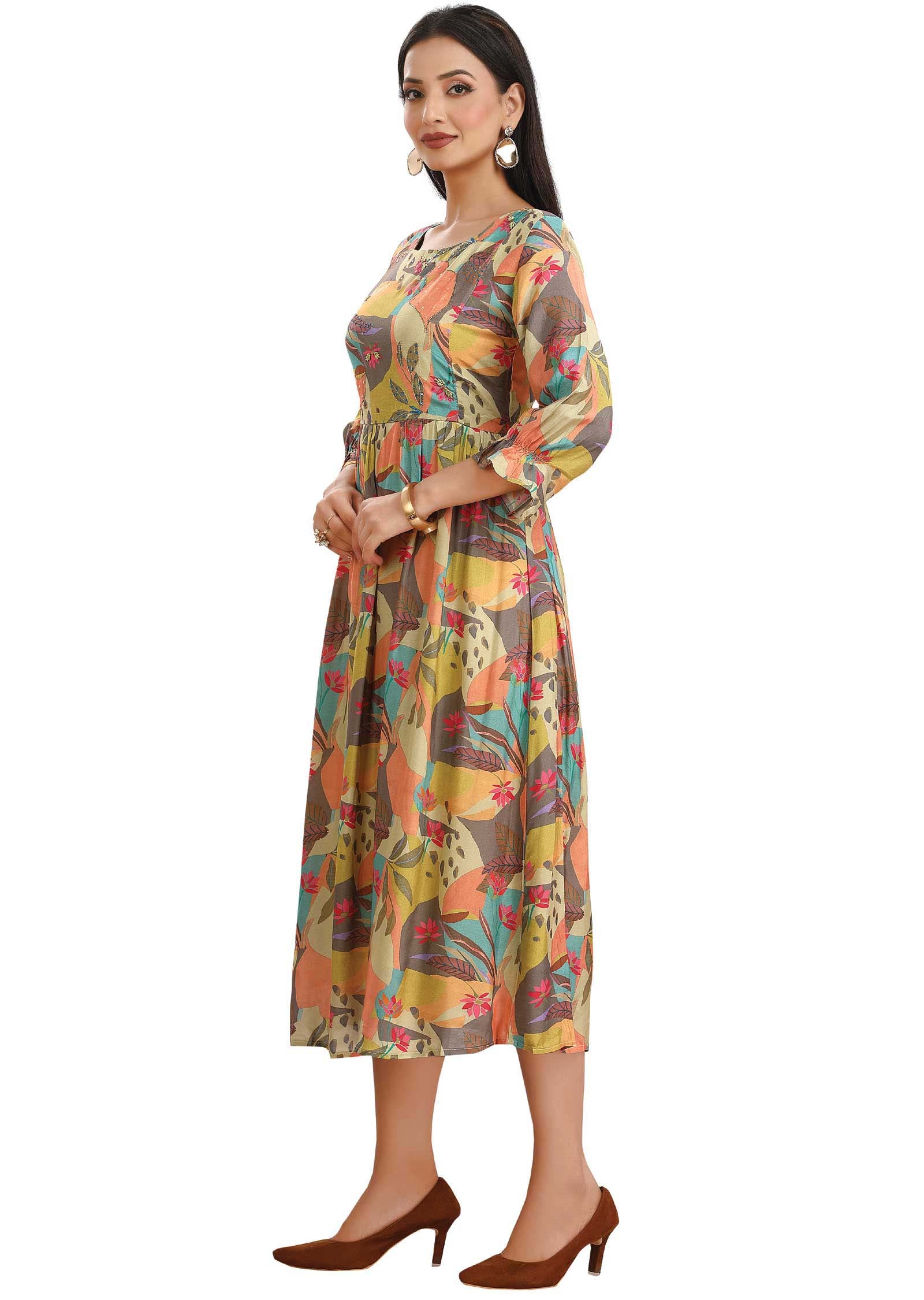 Multi Color Muslin Embroidered Frock Style Kurti