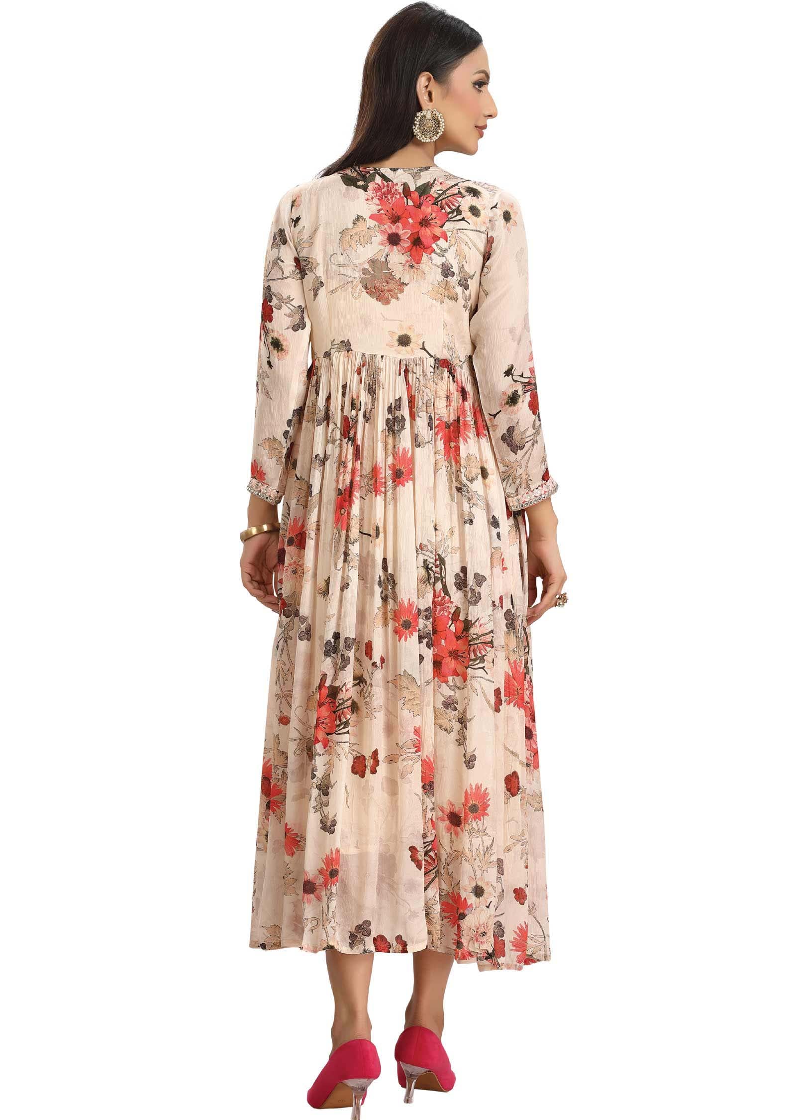 Cream Chinnon Kurti Frock Style