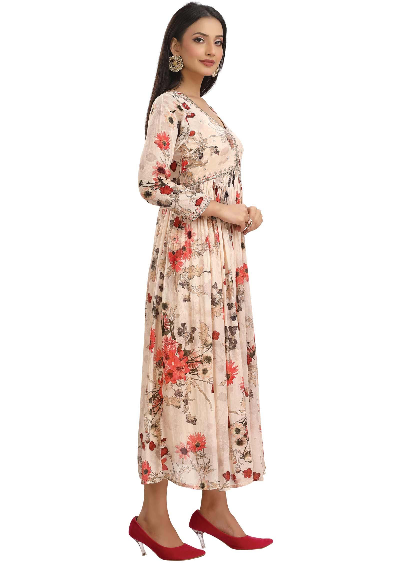 Cream Chinnon Kurti Frock Style