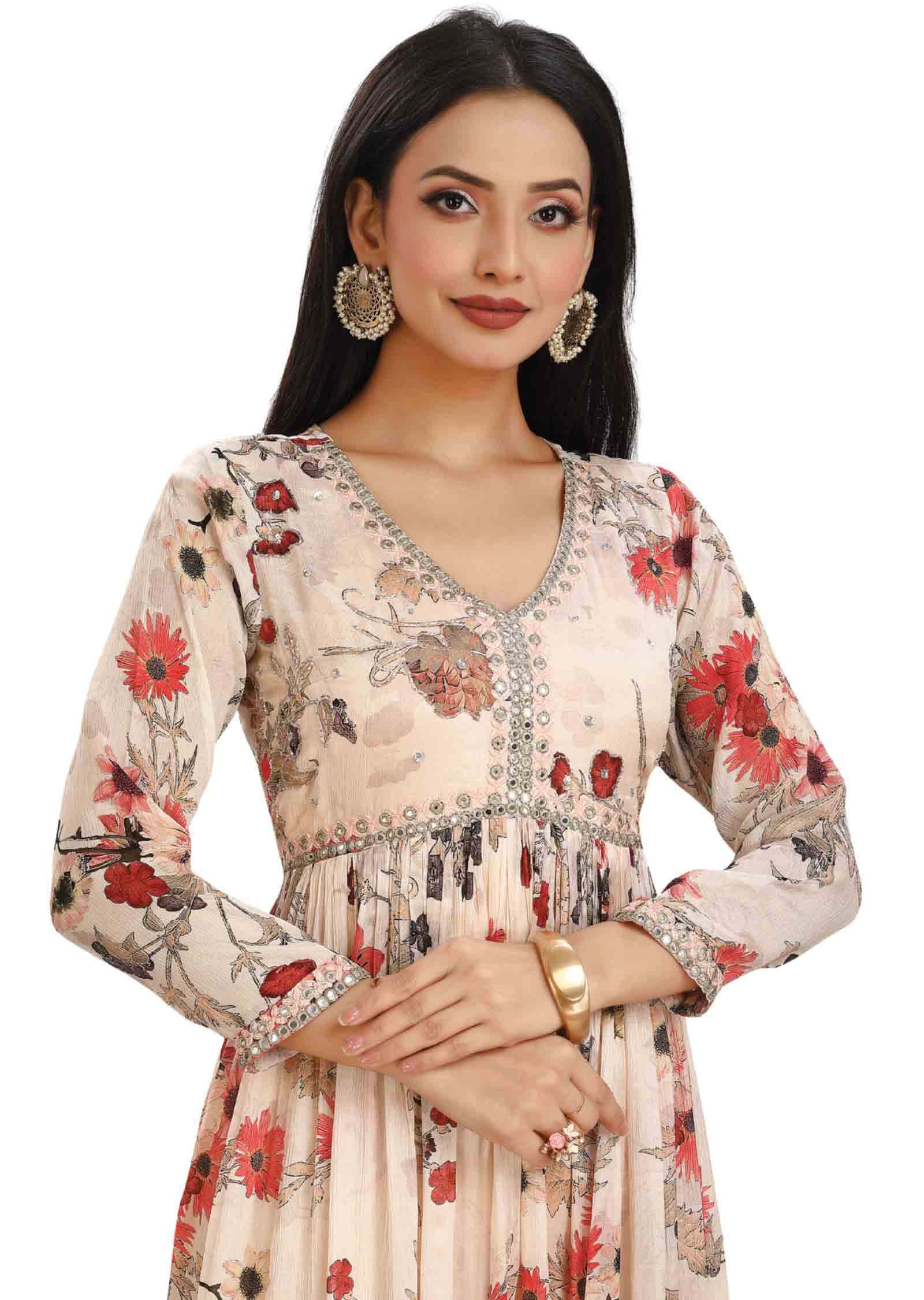 Cream Chinnon Kurti Frock Style