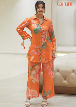 Orange Muslin Floral Printed Co-Ord Set