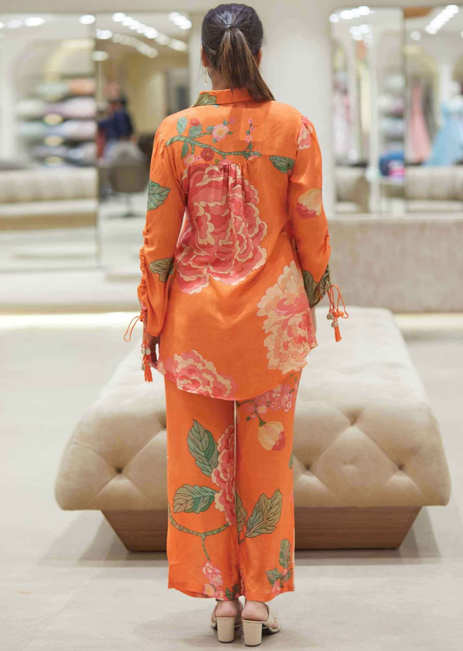 Orange Muslin Floral Printed Co-Ord Set