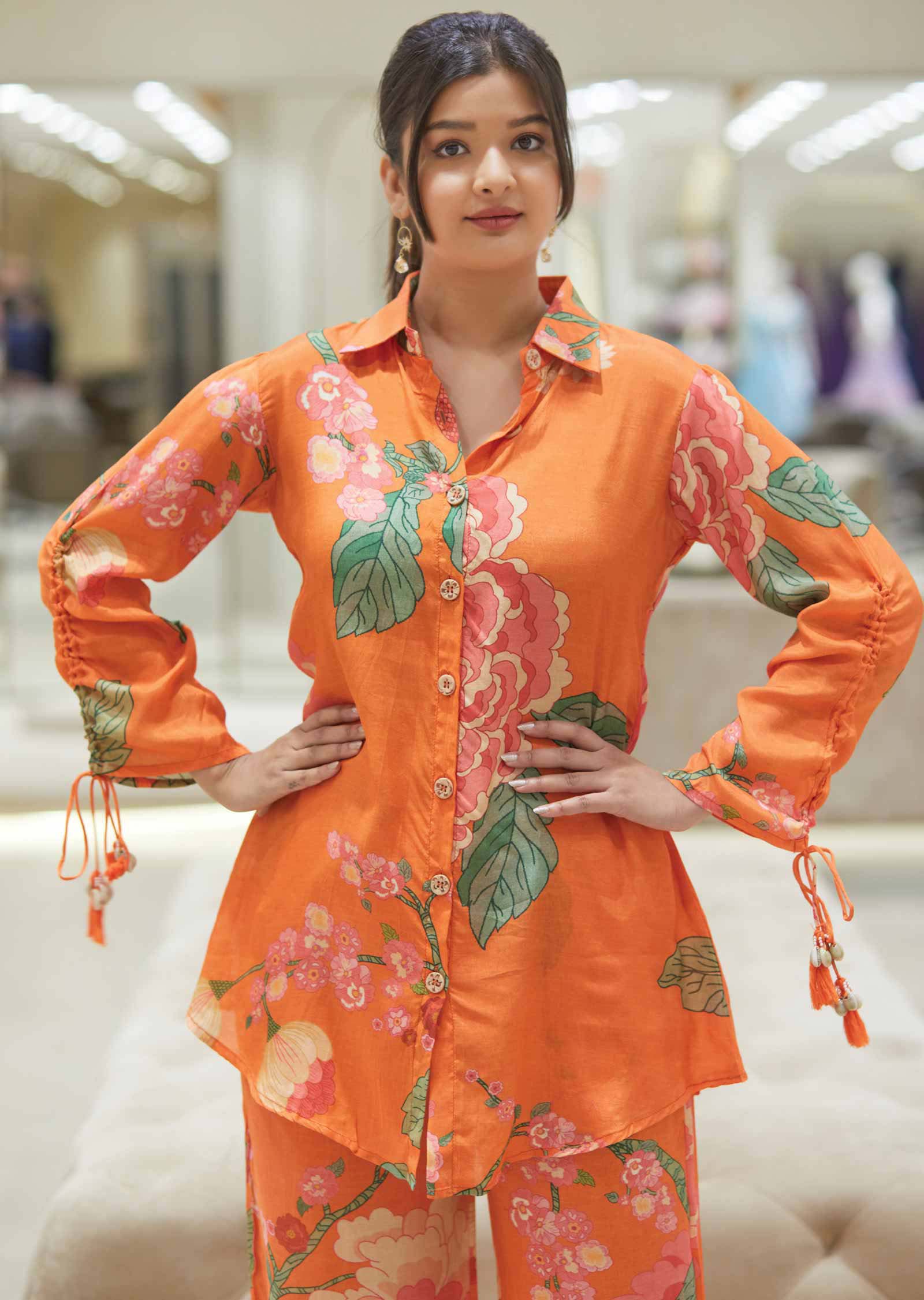 Orange Muslin Floral Printed Co-Ord Set