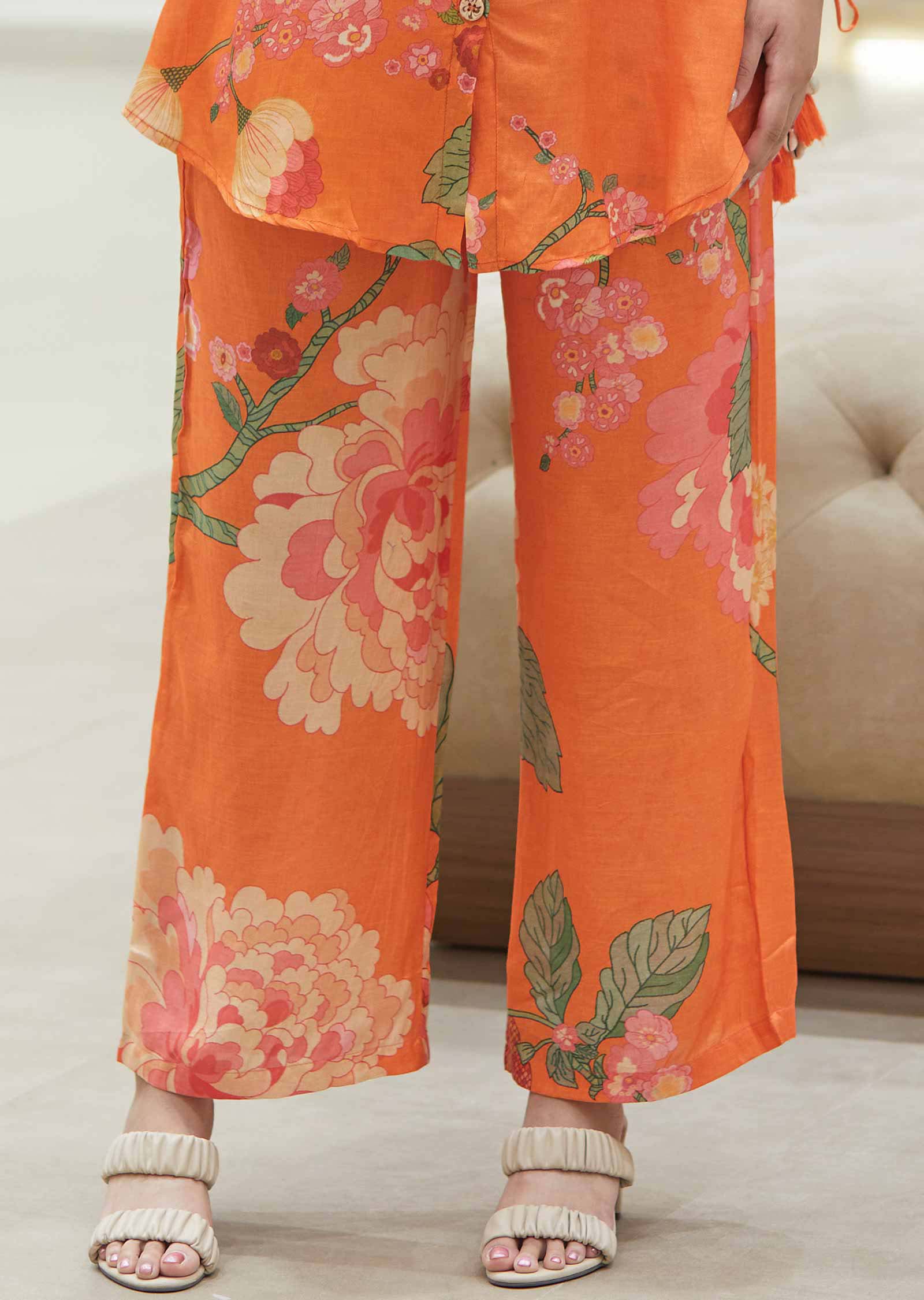 Orange Muslin Floral Printed Co-Ord Set