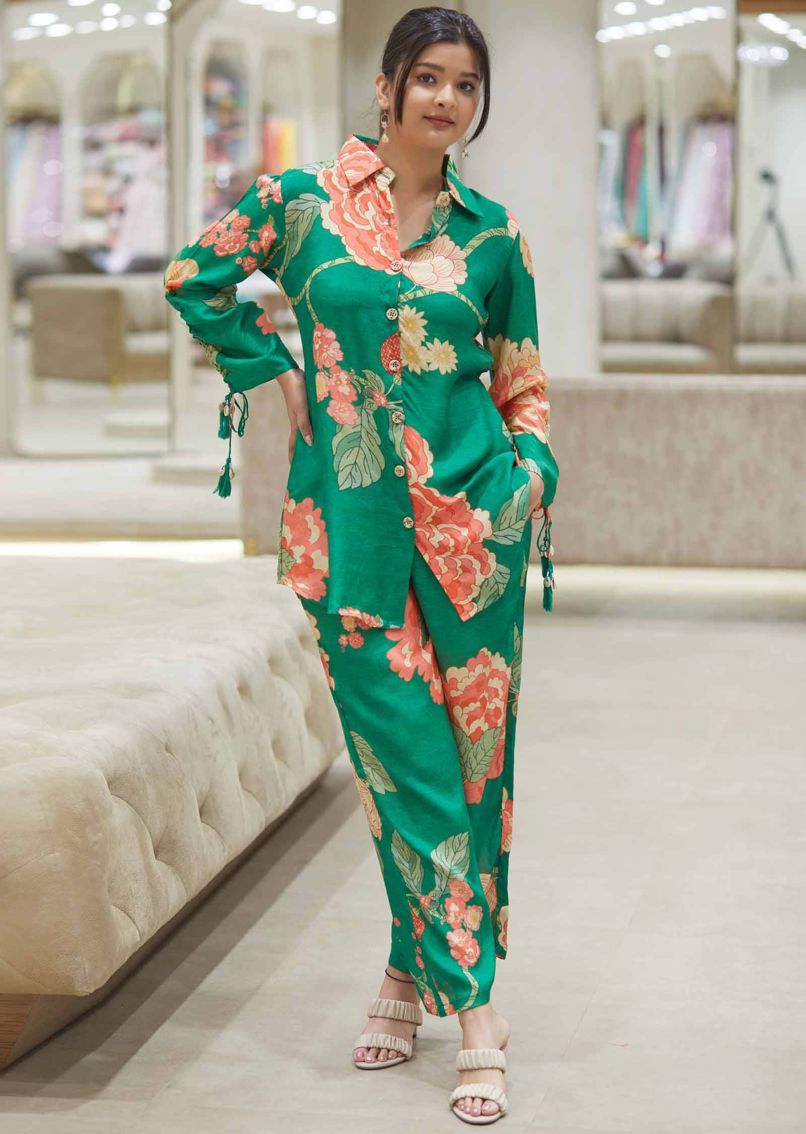 Green Muslin Floral Printed Co-Ord Set