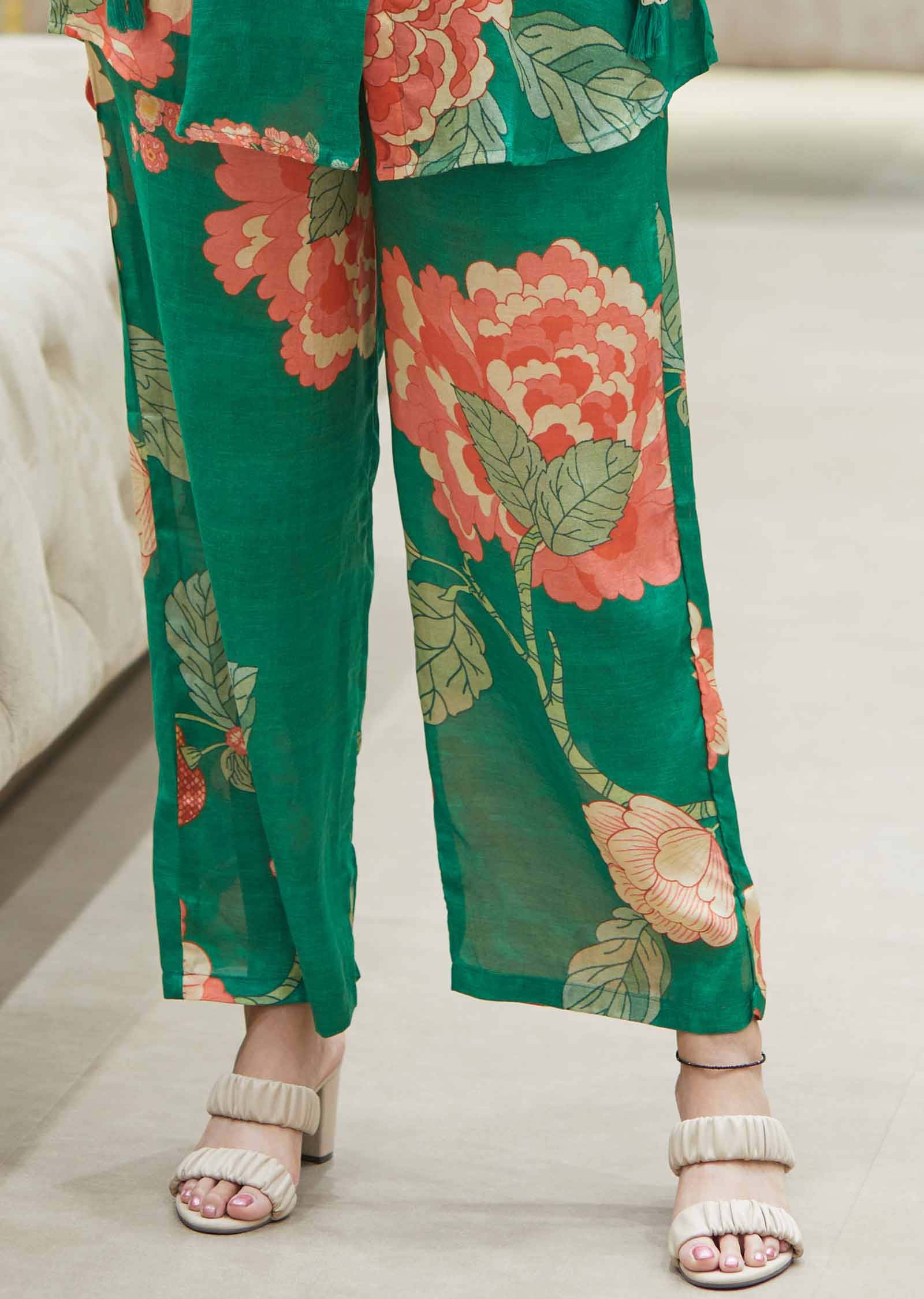 Green Muslin Floral Printed Co-Ord Set