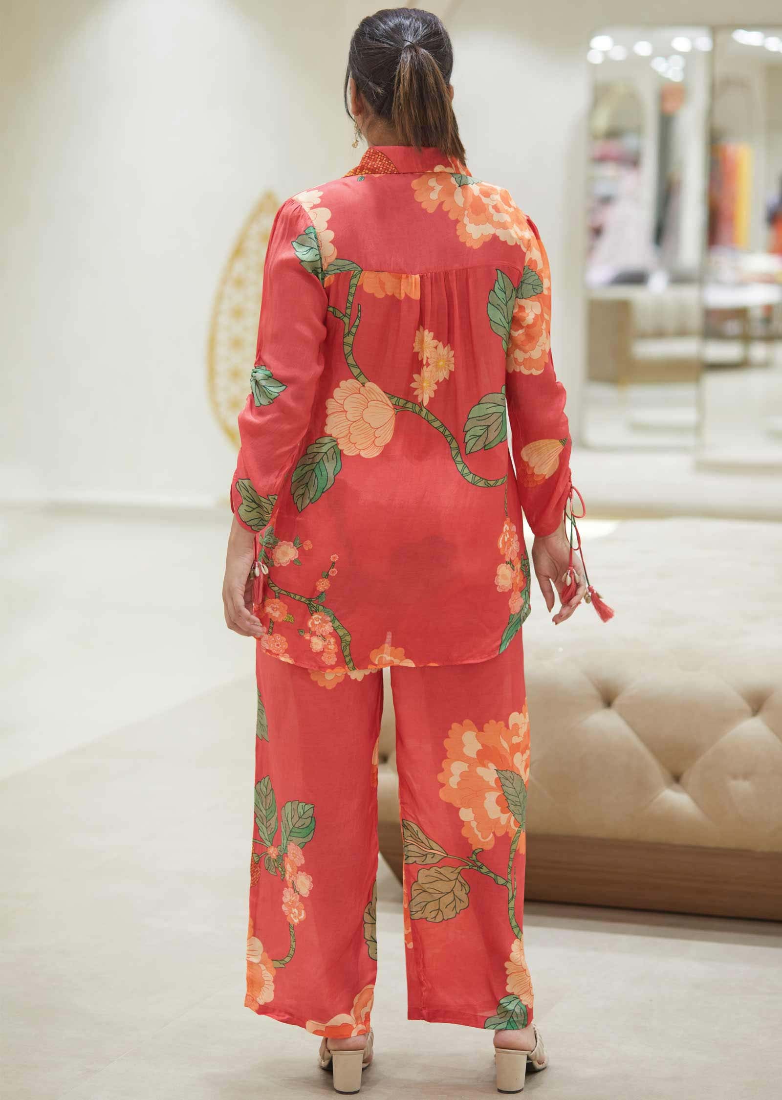 Coral Muslin Floral Printed Co-Ord Set