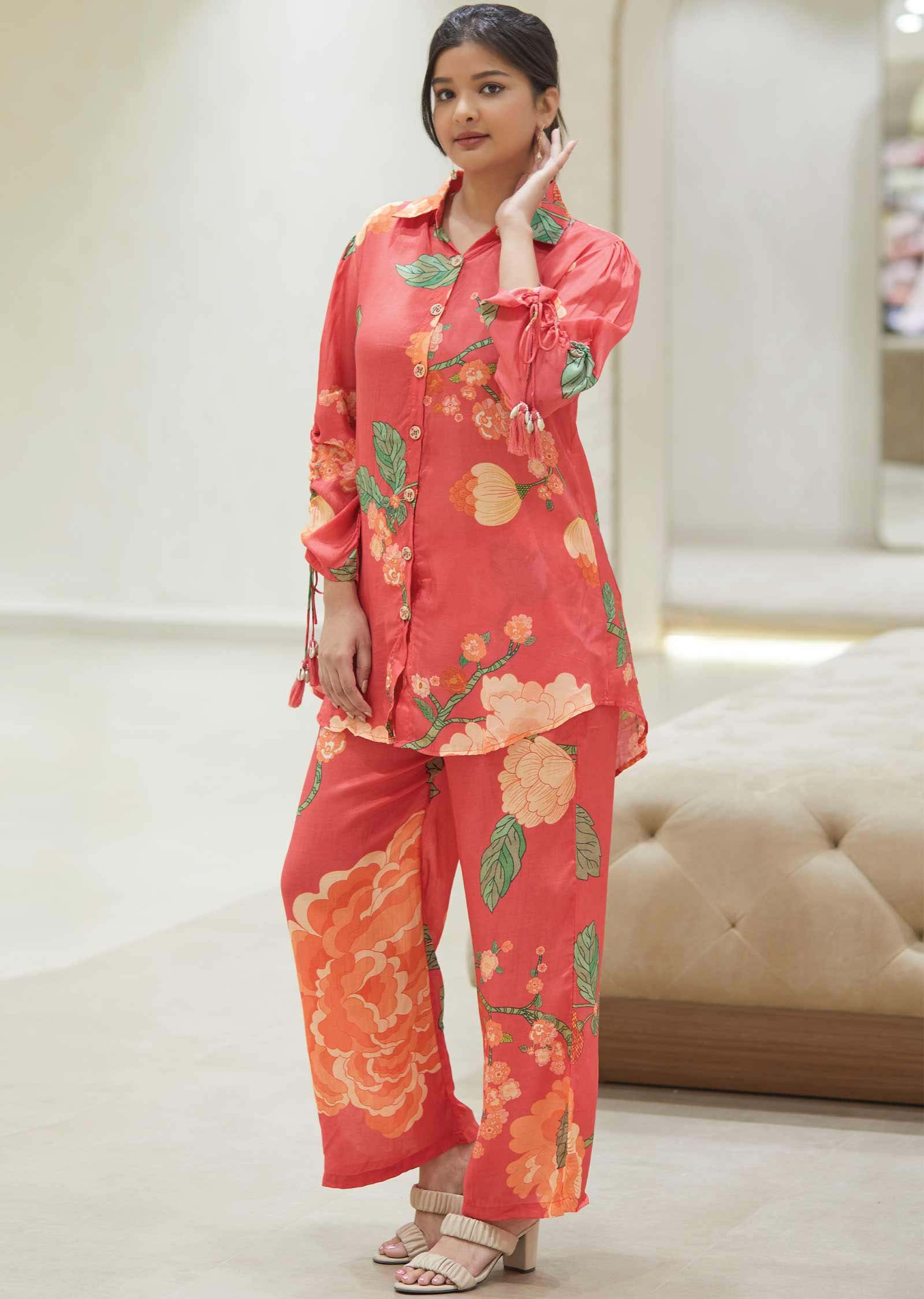 Coral Muslin Floral Printed Co-Ord Set