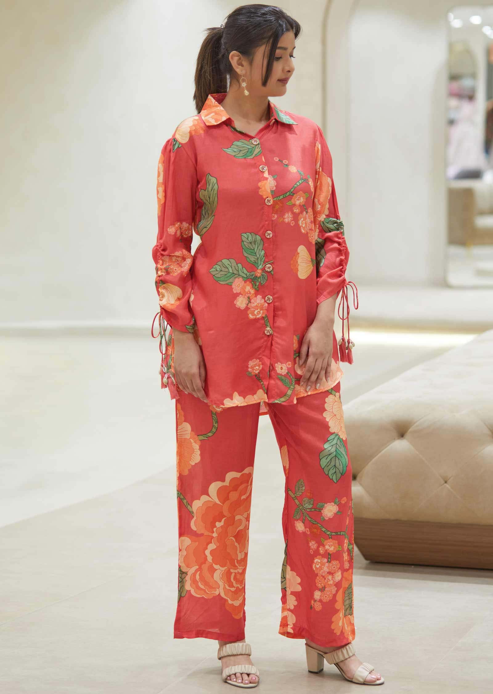 Coral Muslin Floral Printed Co-Ord Set