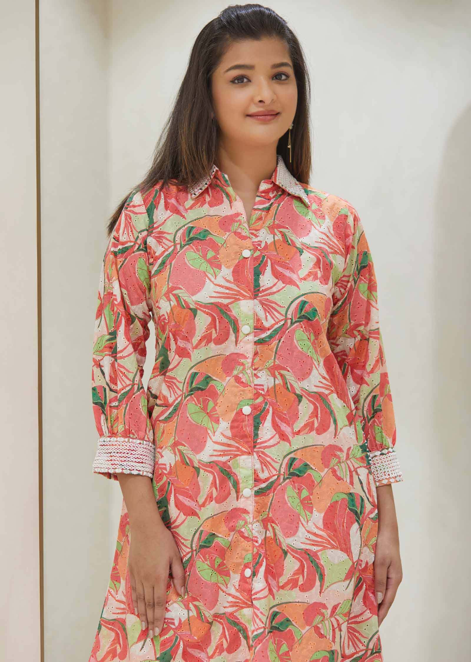 Peach Cotton schiffli Printed Co-Ord Set