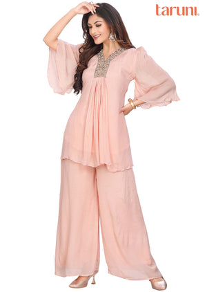 Peach Chinnon Embroidered Co-Ord Set