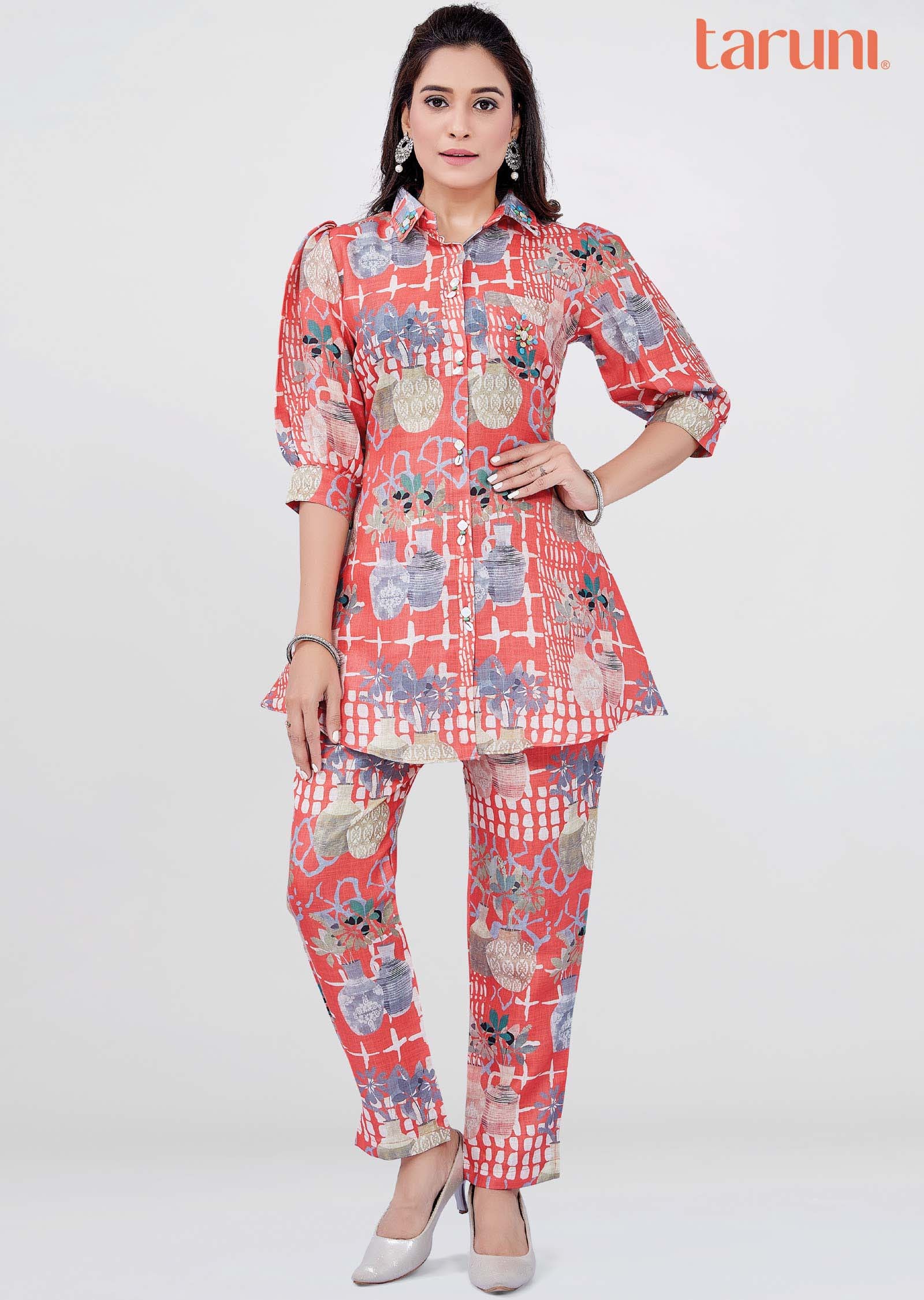 Coral Linen Cotton Printed Co-Ord Set