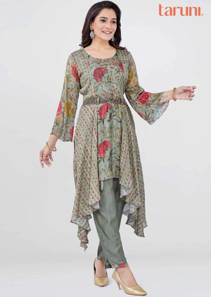 Mehandi Green Chinnon Printed Co-Ord Set