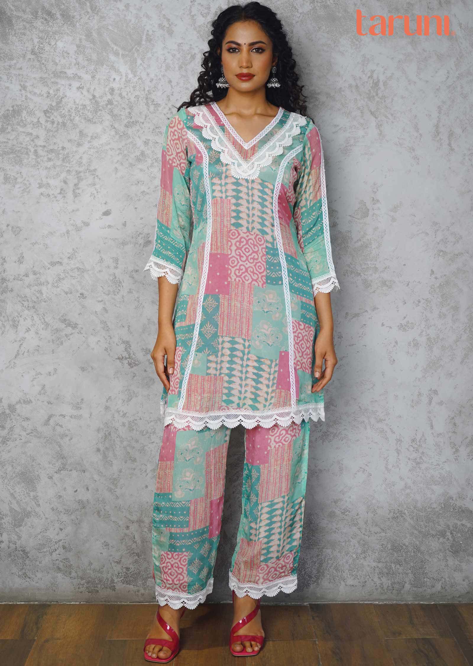 Sea Green & Pink Chinnon Printed Co-Ord Set