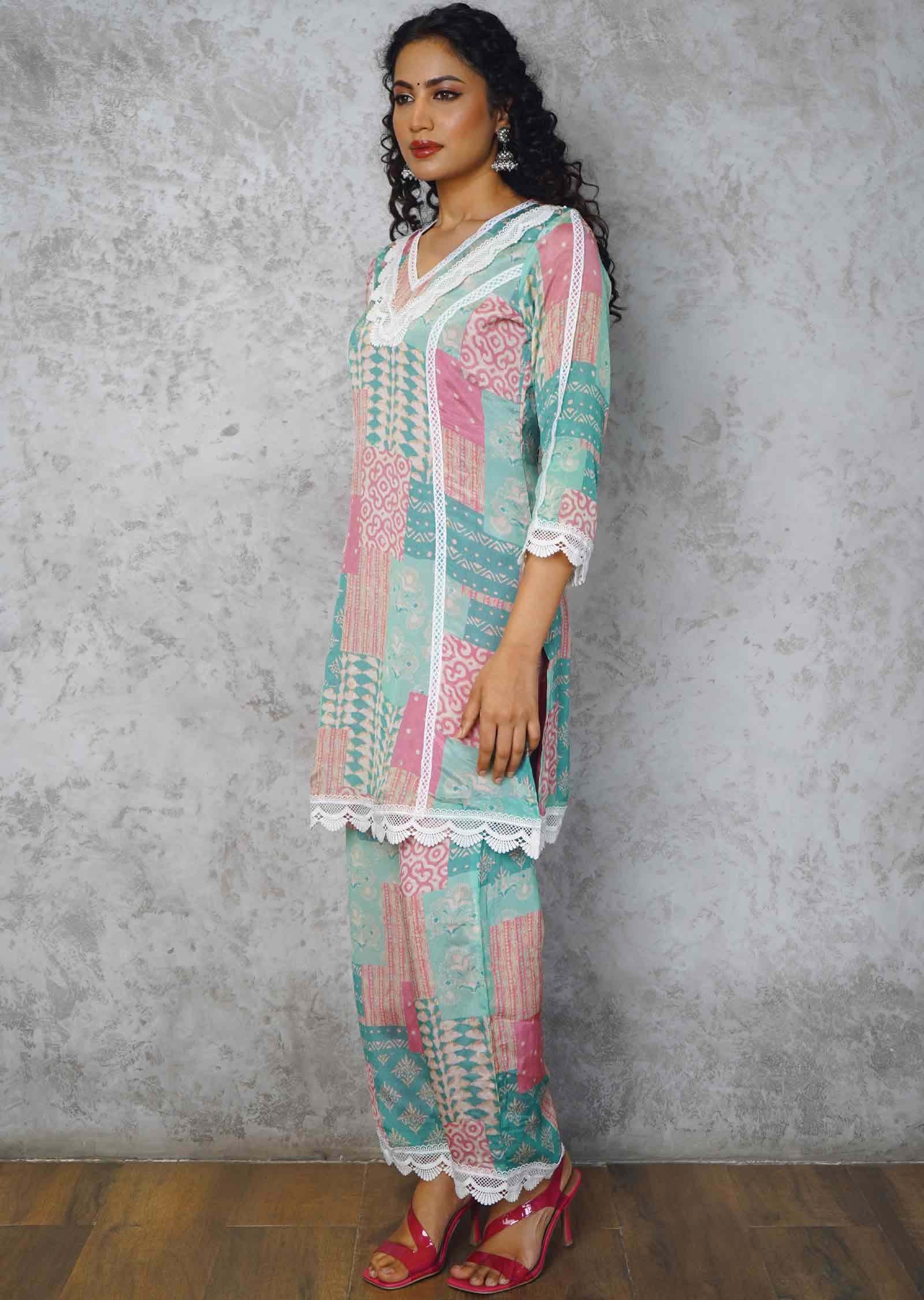 Sea Green & Pink Chinnon Printed Co-Ord Set